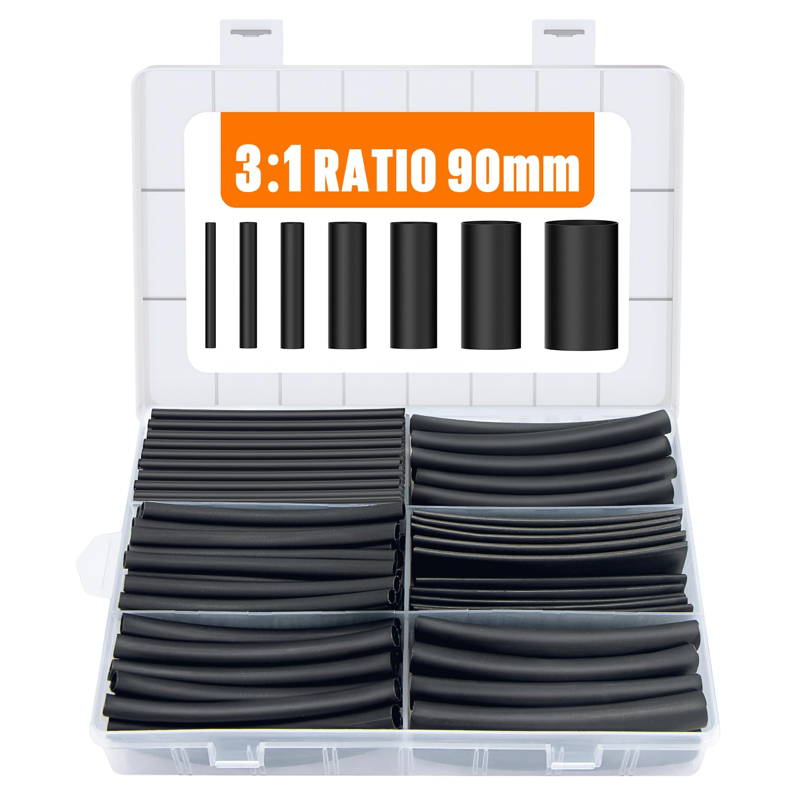 Lsnisni 3.54 Inches Heat Shrink Tubing Kit 180 Pcs, Ratio 3:1 Adhesive Lined, Dual Wall Tube - Marine Grade Waterproof, 7 Diameters, Heat-Shrink Tube, Heat Shrink Cable Sleeve - Black