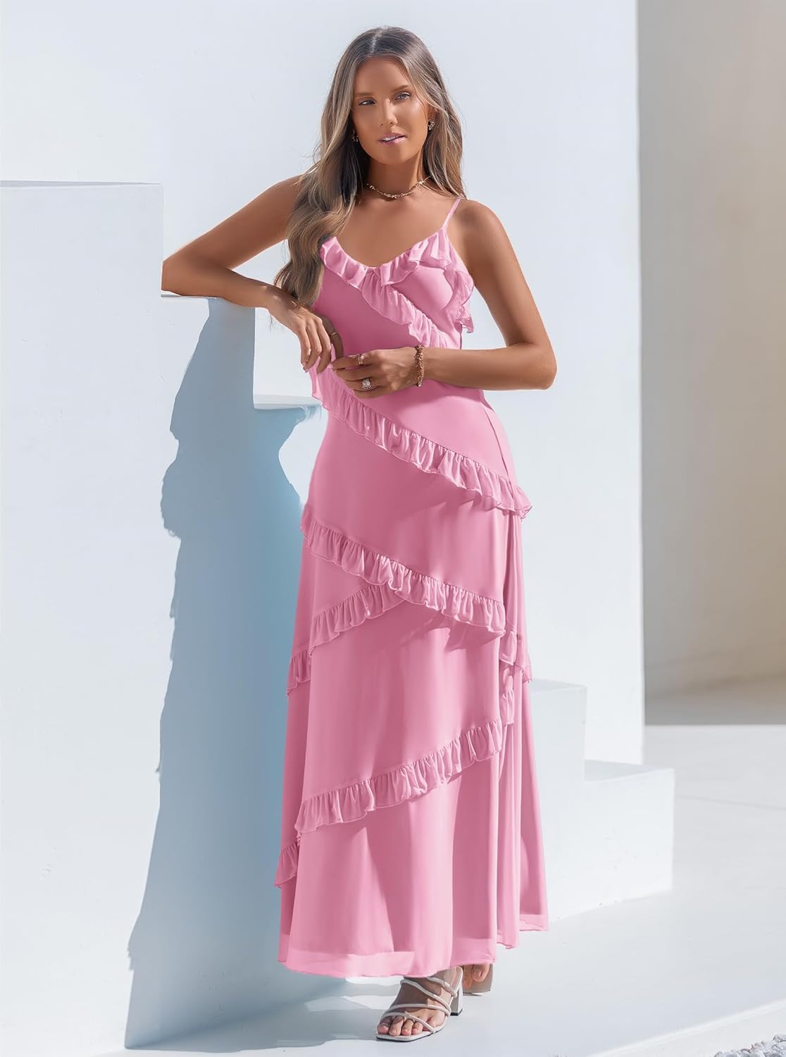 Women's Ruffle Tiered Wedding Guest Dresses Cami Mesh Maxi Dress Gown Cocktail Party Club Casual Summer Sundresses - Image 2