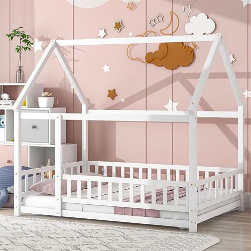 LLS Cama de casa de tamaño matrimonial con valla, corralito de madera con marco de techo de casa, cama de casa de juegos, marco de cama Montessori