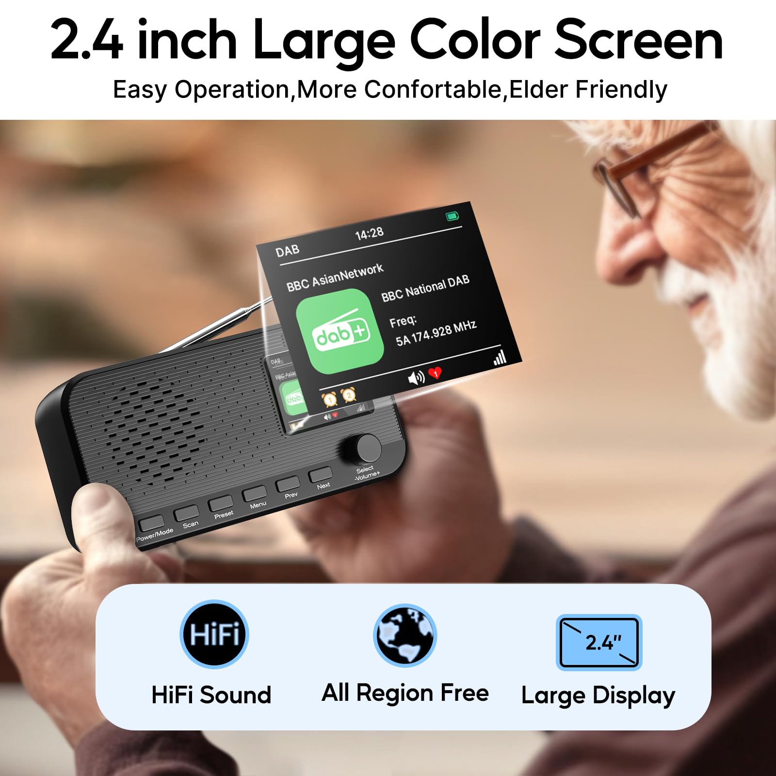 DAB Radio con Bluetooth, radio digitale FM ricaricabile, radio a batteria, radio portatile DAB+, radio da cucina con 80 preset, display a colori da 2,4 pollici, doppia sveglia, timer