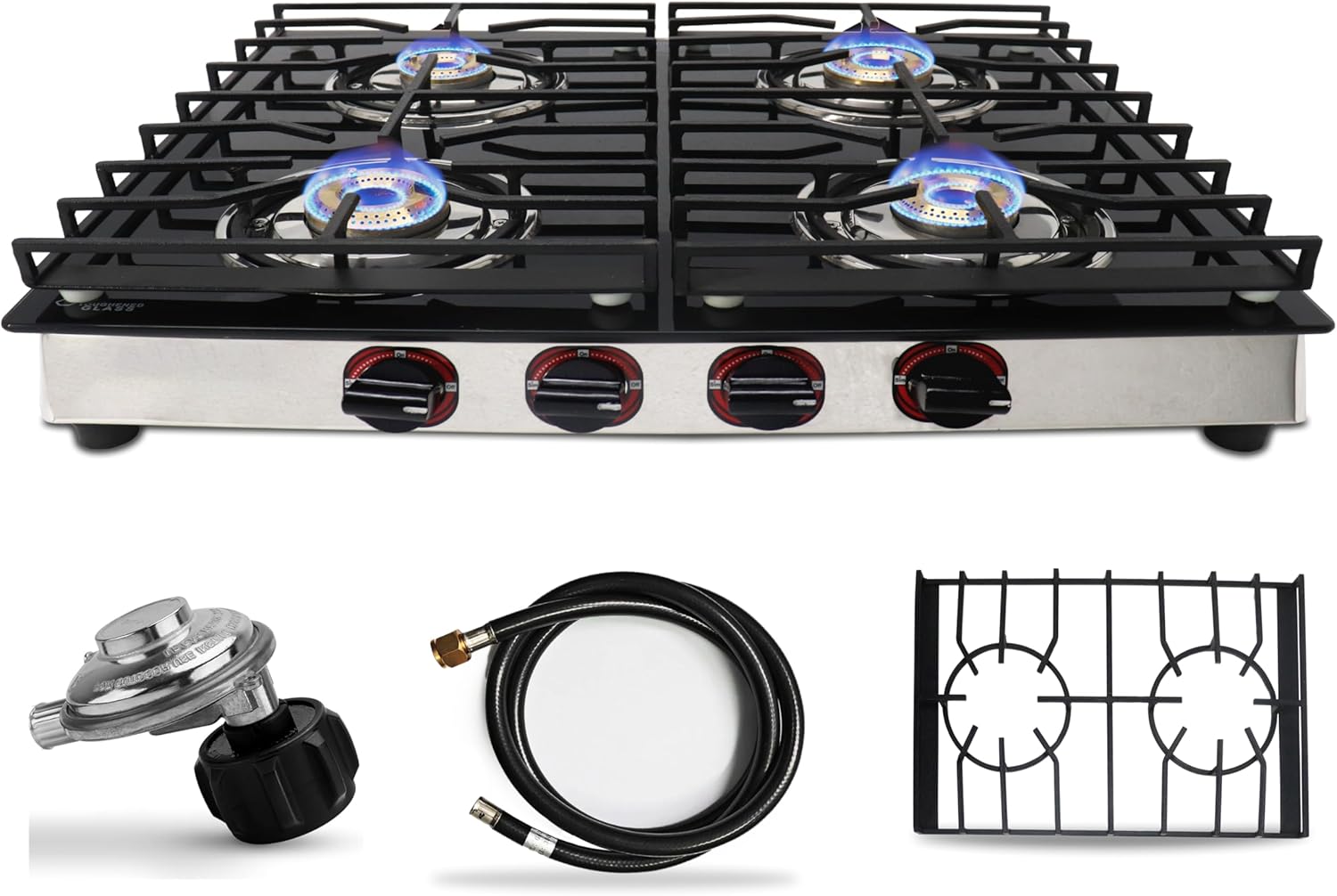 4 Burner Gas Stove Top - 25" Black Tempered Glass Counter Top StoveGas Cooktop, Stainless 4 Burner Cooktop Burners rv stove for Cooking Range Gas W/Hose & Regulator to Connect propane cooktop…