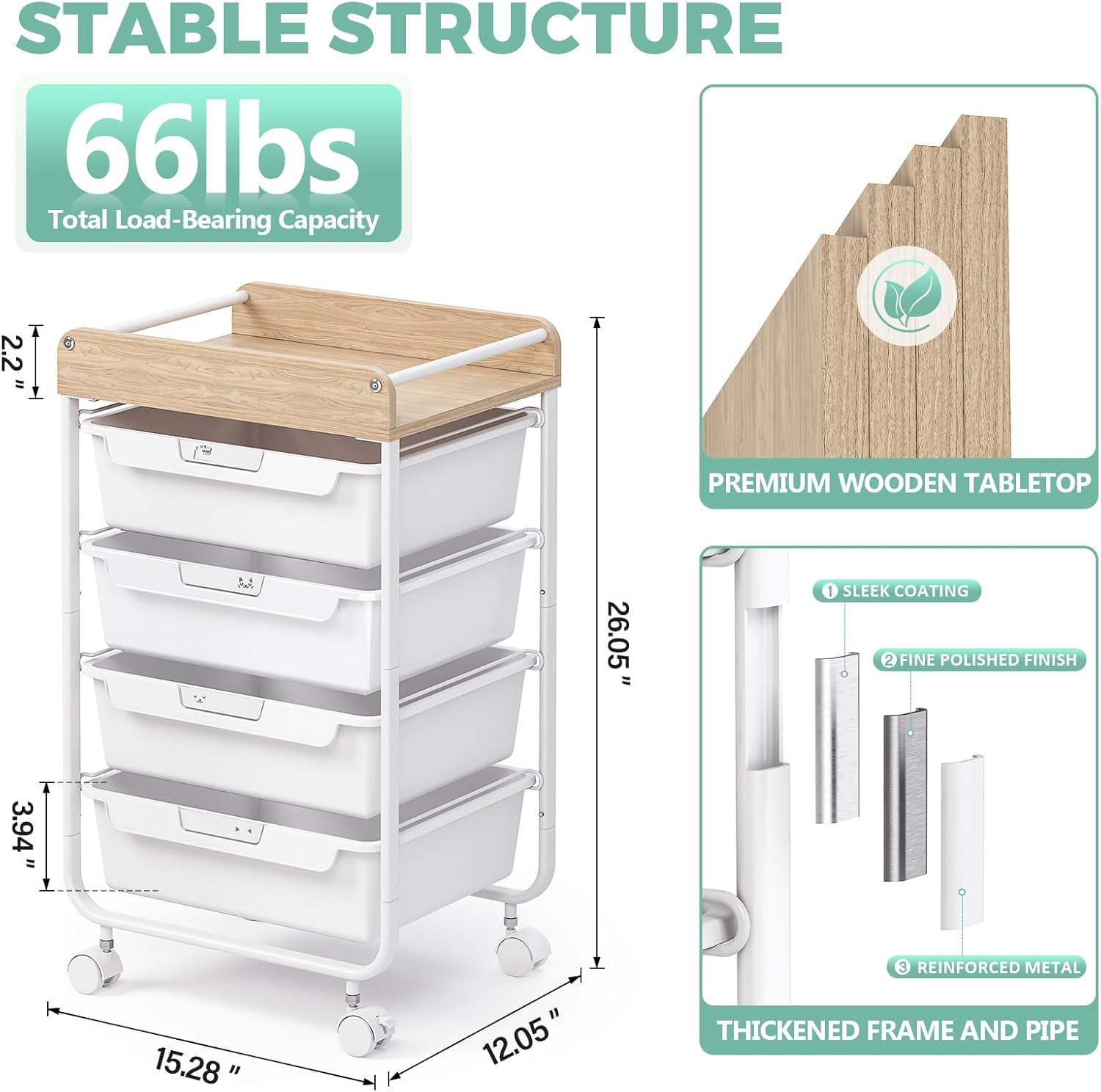 Rolling Storage Utility Cart with 4 Drawers,Kids Craft Art Cart,Makeup Organizer and Storage with Wooden Tabletop,White - Image 9