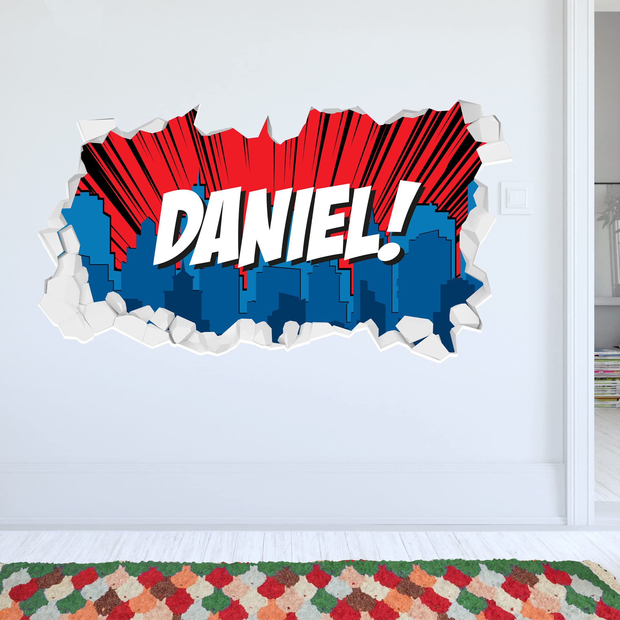 Superhero Wall Sticker - Personalised Name Cityscape Broken Wall Decal (60cm Width x 35cm Height)