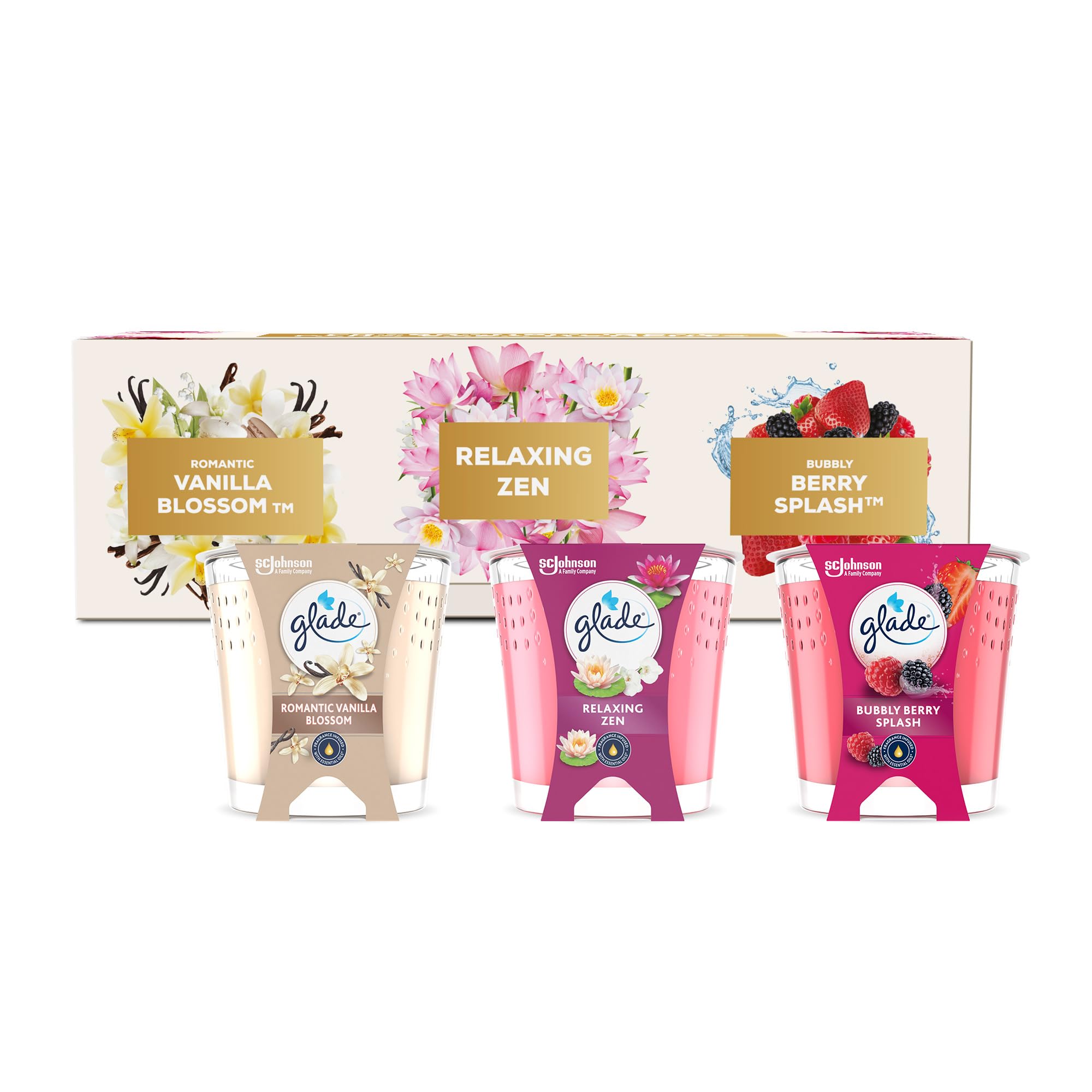 Glade Vela Perfumada - Una fragancia para cada momento. Relax Zen, Vainilla y Blueberry. Infusionadas con aceites esenciales. Vegana. Aroma de 30 horas por vela- Pack x 3 Velas