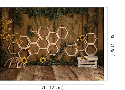 Miniatura 4 de Fondo de fotografía de casa de madera de 7 x 5 pies, diseño de panal de abeja, girasol, jazmín, fondo de fotografía, fondo de madera para fiesta de