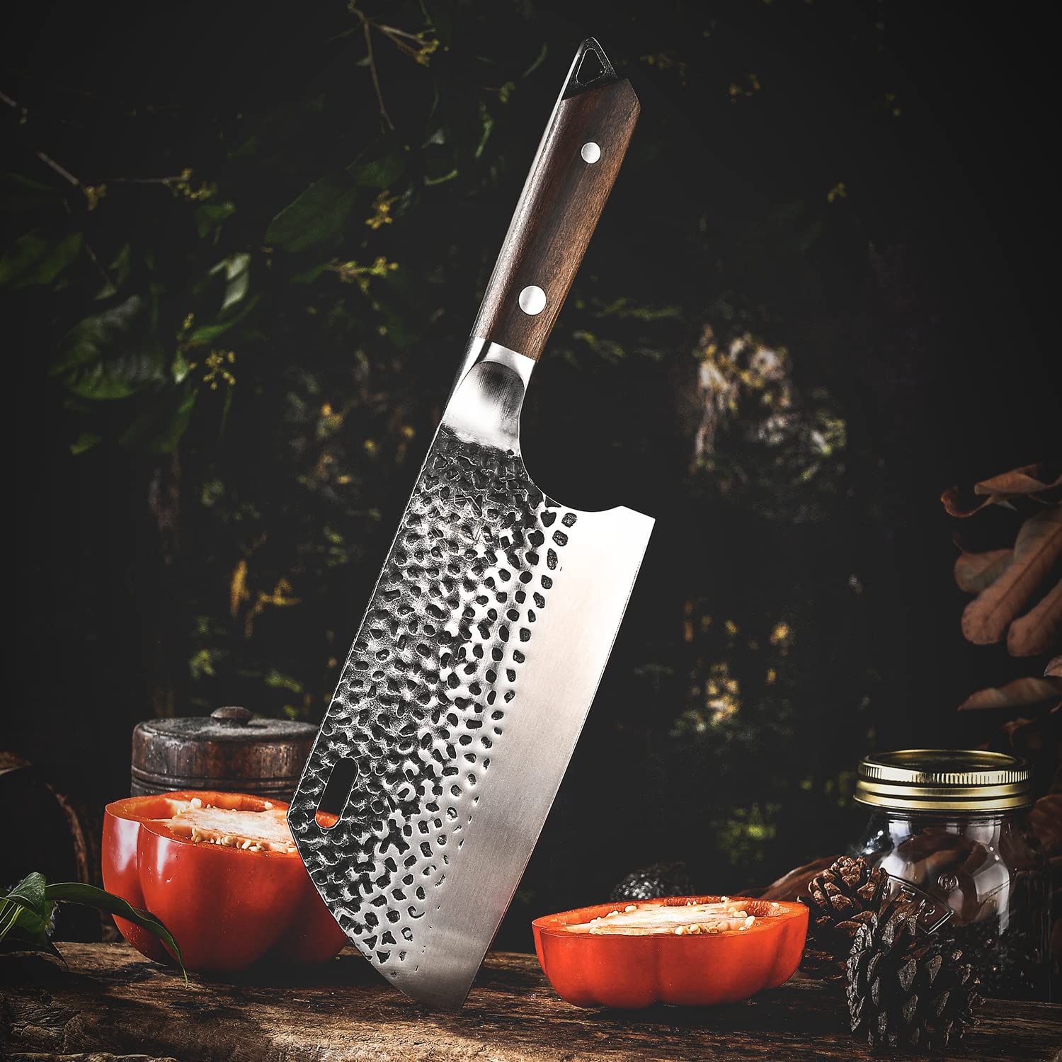 FANTECK Coltello da Cucina Cinese 20cm, Coltello da Macellaio Professionale Fatto a Mano, Coltelli da Cuoco Cinese Mannaia Full Tang da Campeggio All'aperto con Fodero in Pelle