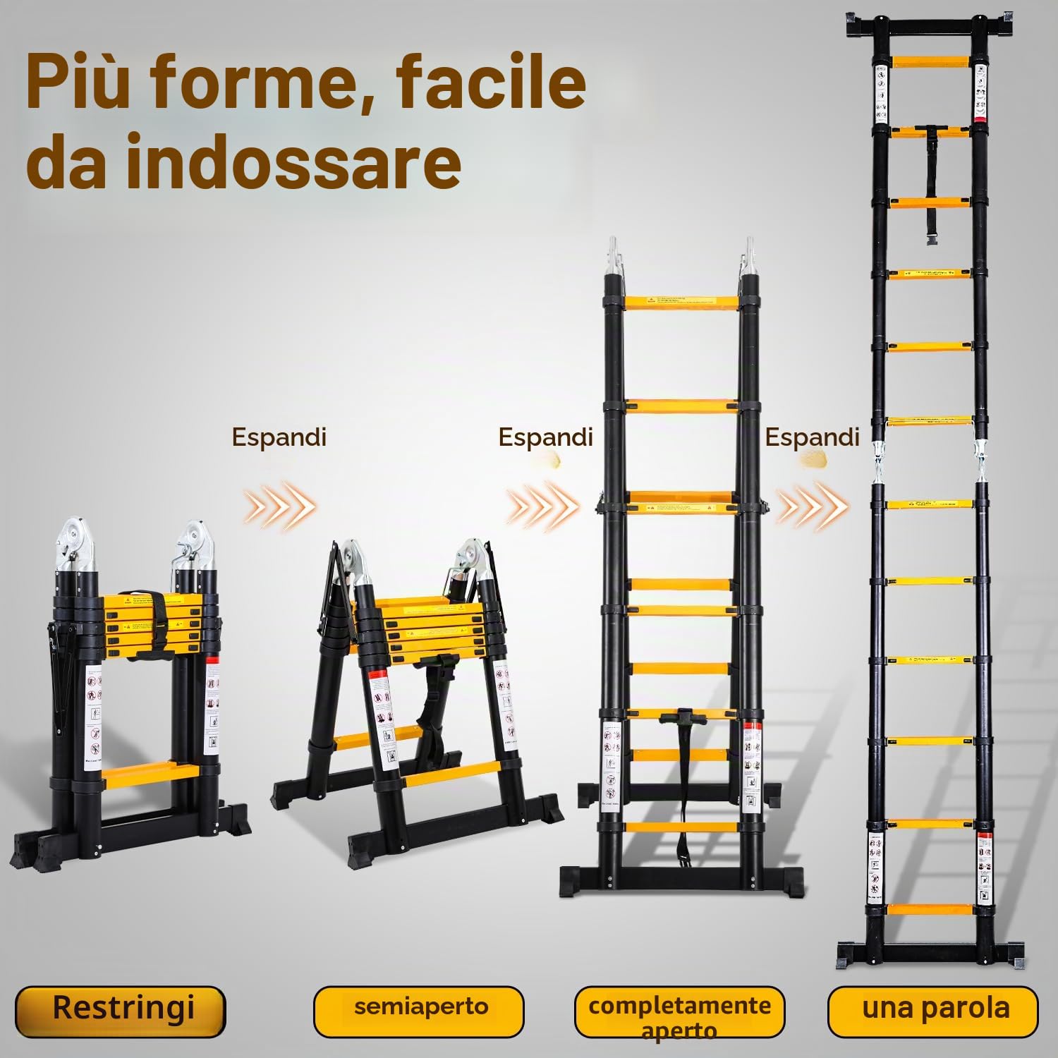 Eulenke Scala telescopica in alluminio 5 m / 2,5m + 2,5m, scala pieghevole con bilanciere e ruote, scala retrattile portata 150 kg, scala pieghevole salvaspazio, antiscivolo, nero e giallo