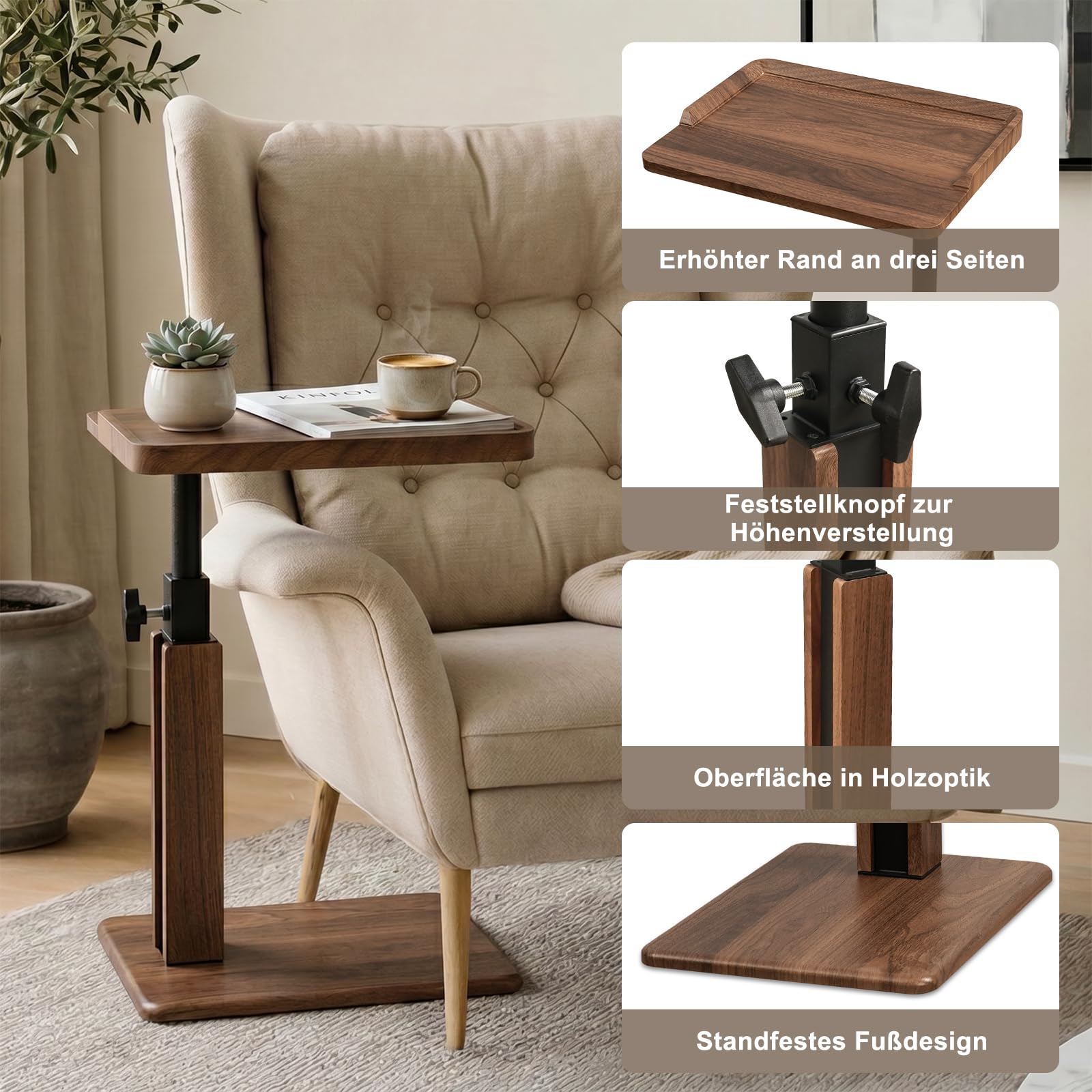 Beistelltisch Höhenverstellbar 45–80 cm, C Form Sofa Beistelltisch mit 3-seitigem Holzrand, Kleiner Sofatisch für Couch, Bett, Walnuss