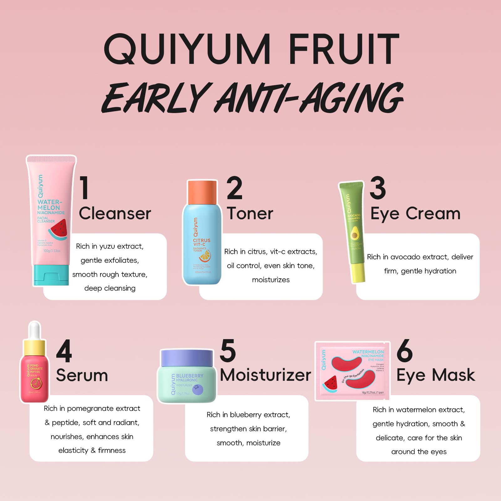QUIYUM Set Regalo Viso Anti-Invecchiamento per Pelli Giovani, Kit Skincare Completo da 11 Pezzi per Donna con Estratti di Frutta, Peptidi, Vitamina C e Ceramidi