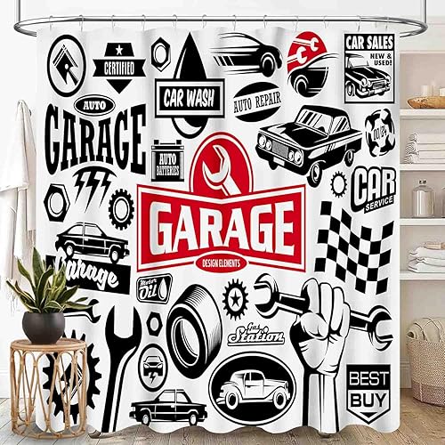 Cortina de ducha de garaje para baño, vehículo de reparación de cuevas retro para hombre, herramientas de garaje, cobertizo, taller, automóvil