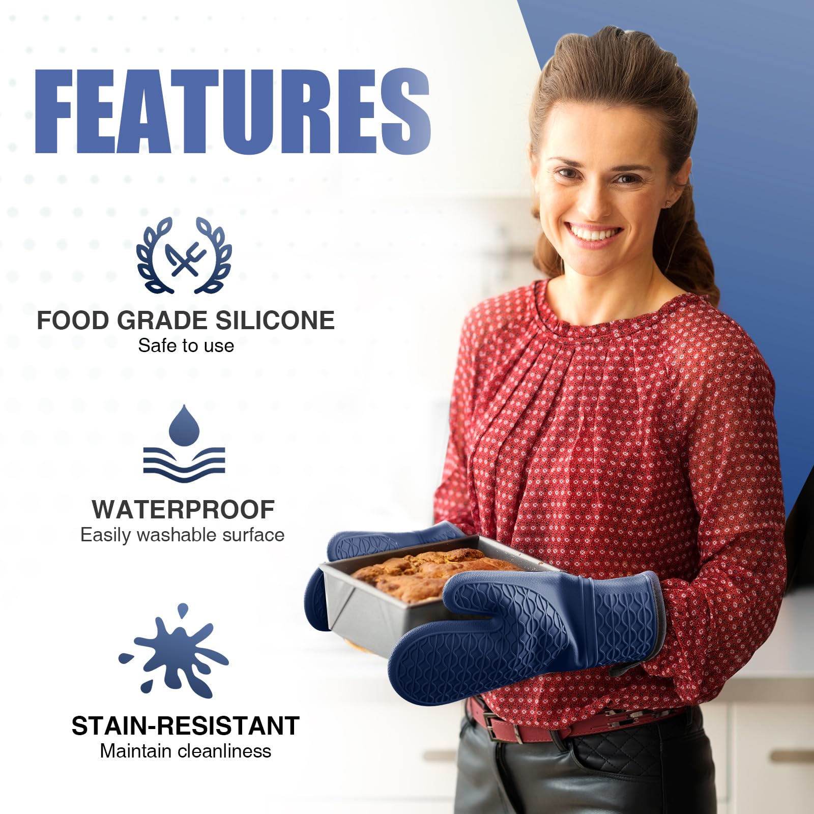 Silikon-Ofenhandschuhe, hitzebeständig, 2 Stück, Ofenhandschuhe mit weichem Baumwollfutter, wasserdicht, rutschfester Griff, Topflappen, Handschuhe für Grillen, Backen, Kochen, 32,5 cm, Dunkelblau