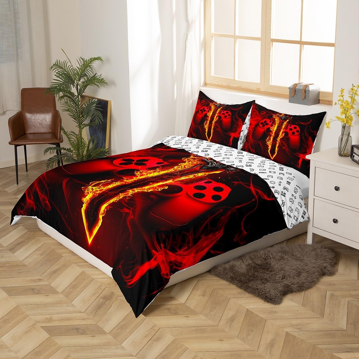 Gaming Gamepad Gamers Duvet Cover Set Full Size,Video Games Geometric Smokes Comforter Cover,Boys Men Room Decor,Flame Modern Games Bedding Set,Red Black Fashion Quilt Cover,2 Pillowcases image 2
