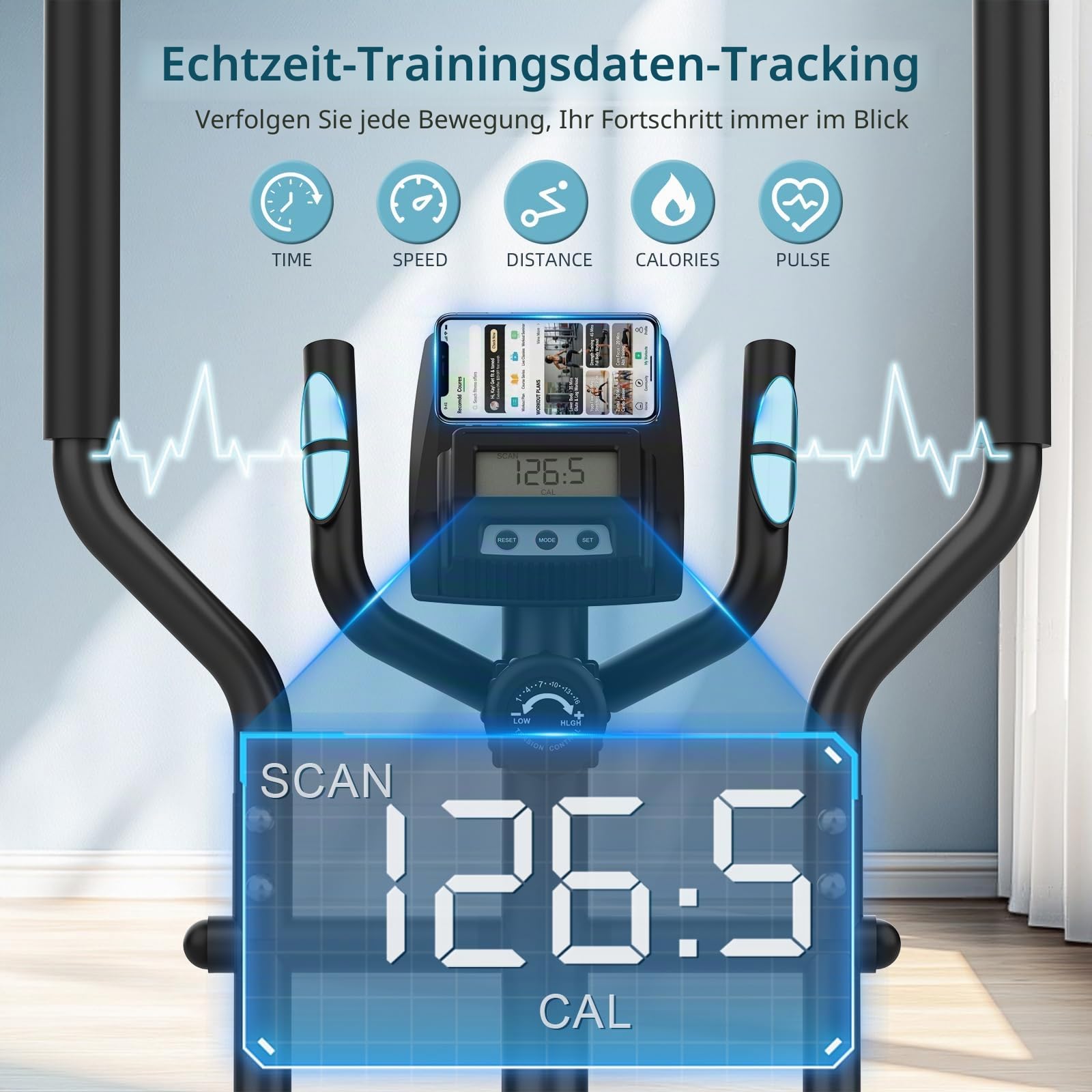 YONISEE Crosstrainer für Zuhause, Leiser Ellipsentrainer mit 16-stufigem Magnetwiderstand, LCD-Display und Bluetooth‑App‑Kompatibilität, Ganzkörper-Fitnessgerät für Heimtraining, Bis 130 kg