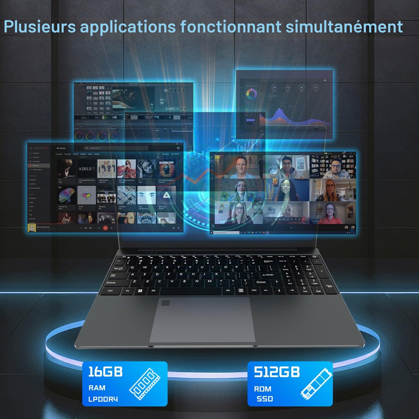 PC Portable 15,6 Pouces 16Go RAM 512Go SSD Celeron N5095, Ordinateur Portable FHD 1920x1080, WiFi Bluetooth, Lecteur d’Empreinte, Laptop Bureautique pour Études et Travail, Clavier AZERTY avec Film
