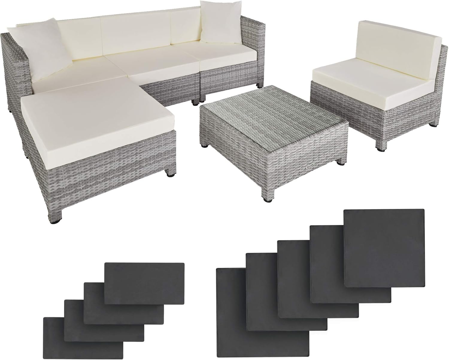 TecTake 800804 Conjunto de Muebles de Jardín en Poliratán, 2 Sillones + Taburete + Mesa + 2 Sillones de Esquina, Set de Fundas Intercambiables, Salón Exterior (Gris Claro)