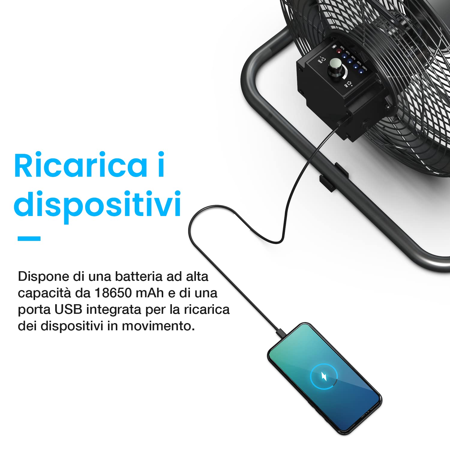 Pro Breeze Ventilatore da Pavimento Ricaricabile 30cm- Durata batteria 4,5-24 ore, Testata regolabile, Porta USB per dispositivi di ricarica, Ventilatore silenzioso leggero e portatile