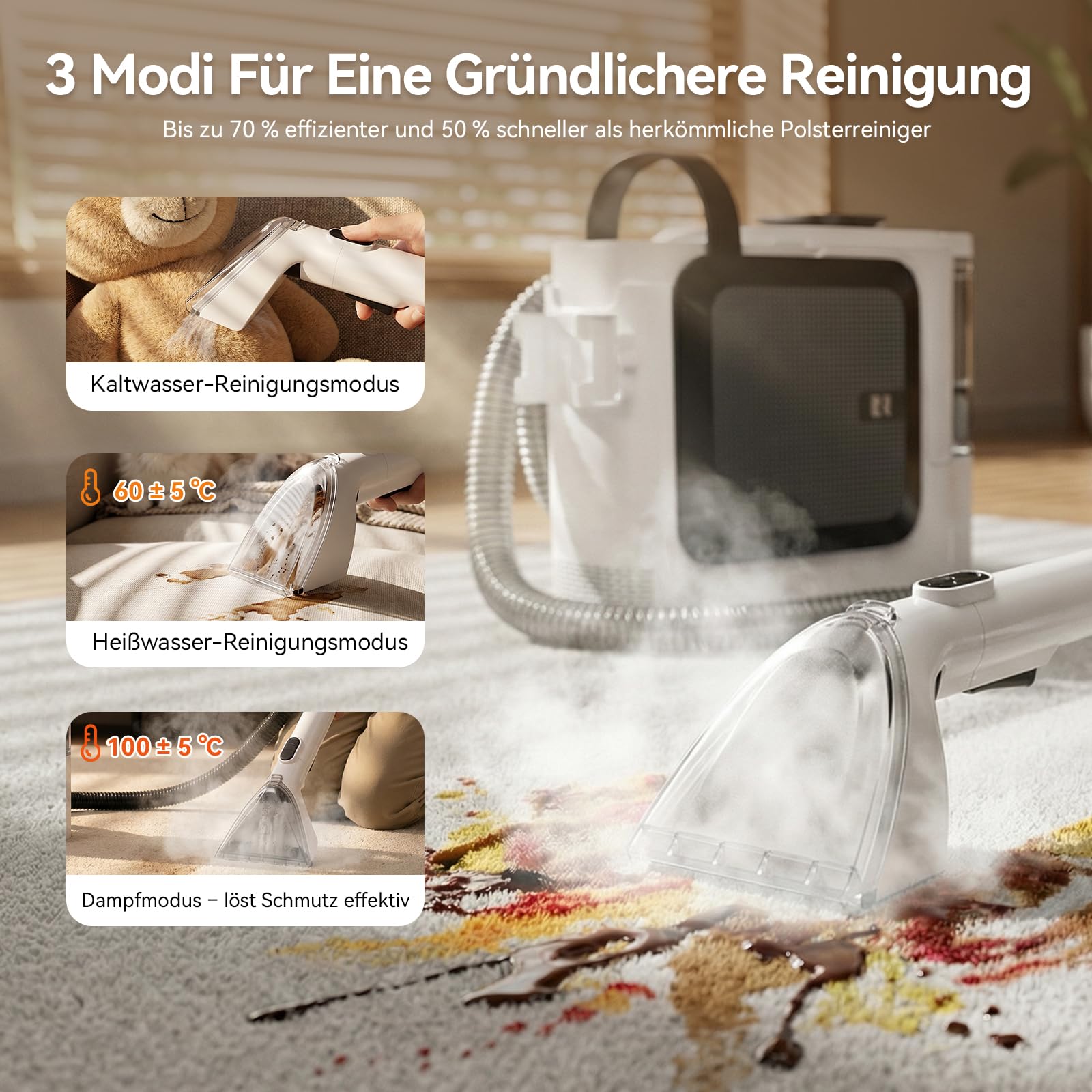 Redkey C2 Polsterreiniger Gerät, 26KPA 1800W Heißdampf Waschsauger Teppichreiniger, 4-in-1 Dampfreiniger Nasssauger Polsterreiniger für Sofa, Teppich, Fenster, Auto, 7 Zubehör & Reinigungsmittel