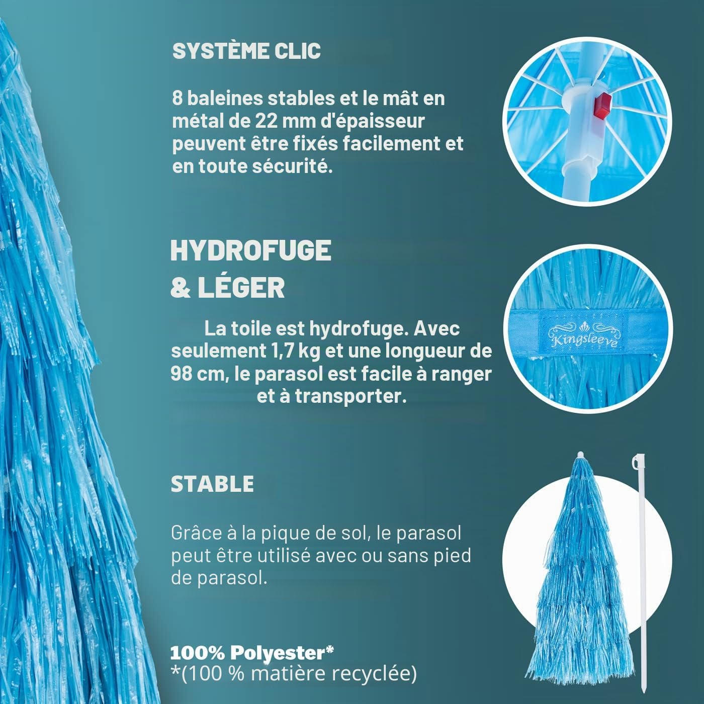 Kingsleeve® Parasol inclinable Hawaii 192 cm bleu Parasol de plage Ø 160 cm réglable Jardin terrasse extérieur
