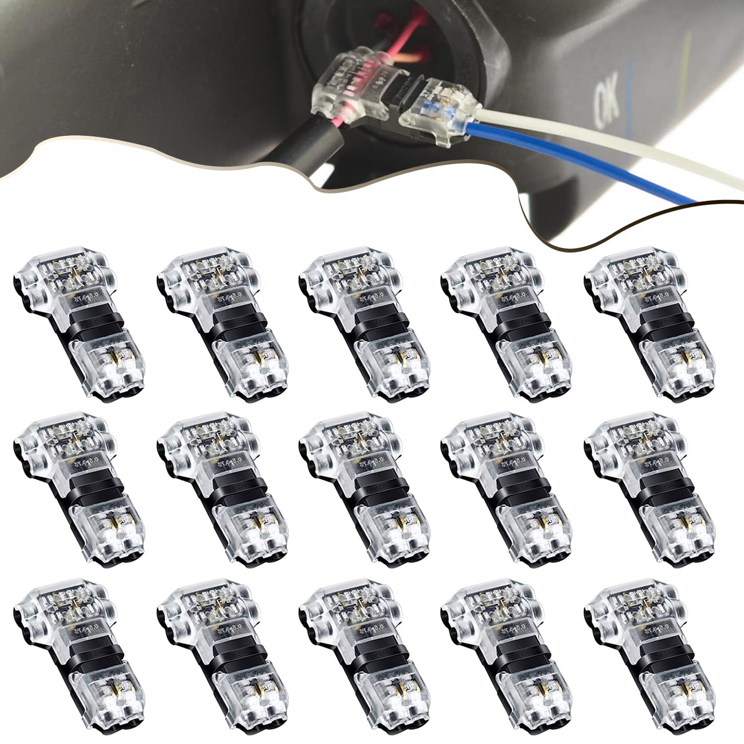 PSEQT 15pcs Wire Connectors 2 Pin T Tap Connectors for 20-24 AWG Wires Low Voltage Universal Compact Wire Connectors, Quick Splice Wire Wiring Connector for Car Trailer Truck ATV Boat Lighting