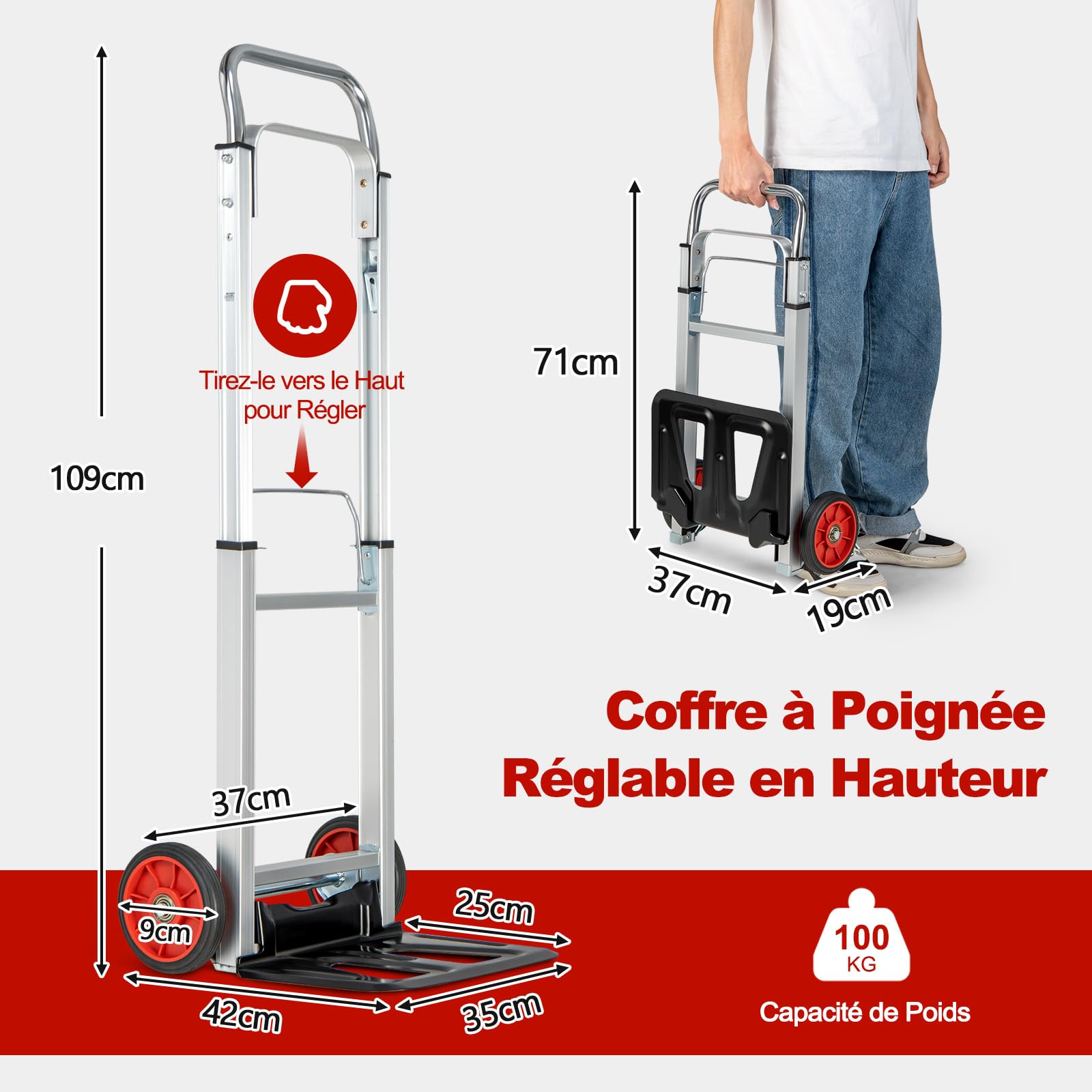 COSTWAY Diable Pliant en Aluminium Charge 100 KG, Diable de Manutention Déménagement Léger & Compact à 2 Roues, Poignée Réglable en Hauteur, Chariot de Transport Pliable pour Maison Entrepôt Shopping