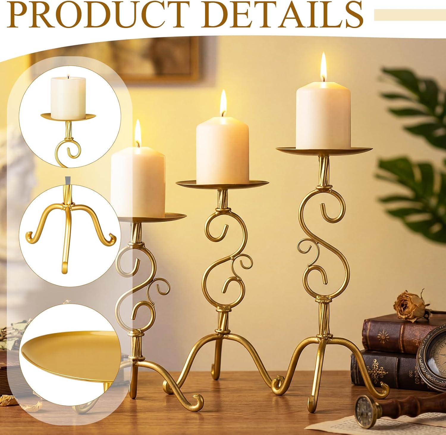 Set of 3 Iron Gold Candlestick Holder Metal Vintage Candle Holder 11.8, 9.8, 6.3 Inch Tall Decorative Wrought Iron Pillar Candle Sconce Home Decor Wedding Dinning Party Anniversary(Classic)