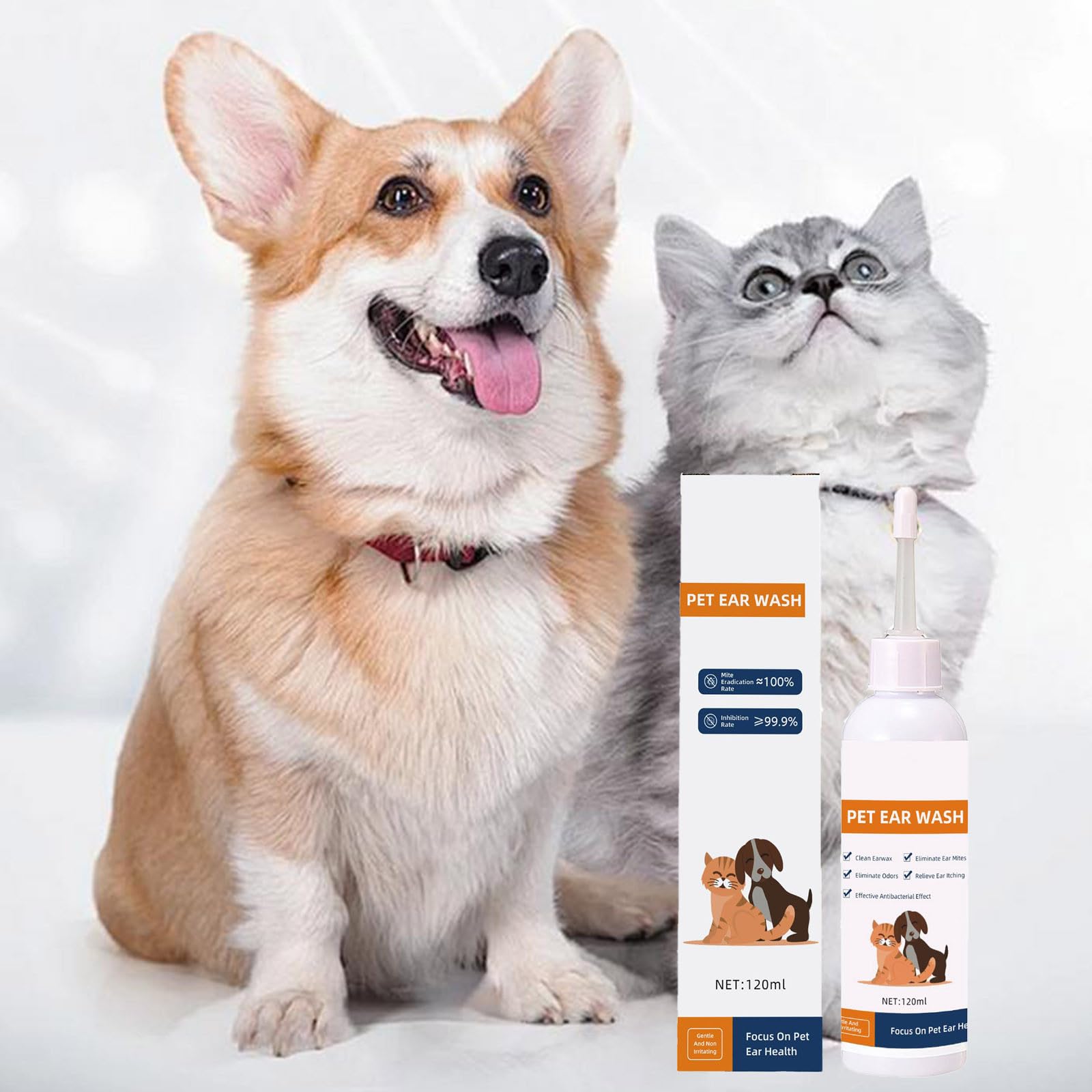 Generisch 2026 Gotas de limpieza de cerumen para gatos y perros, limpieza de oídos, solución de limpieza del conducto auditivo, 120 ml (blanco, 16 cm)