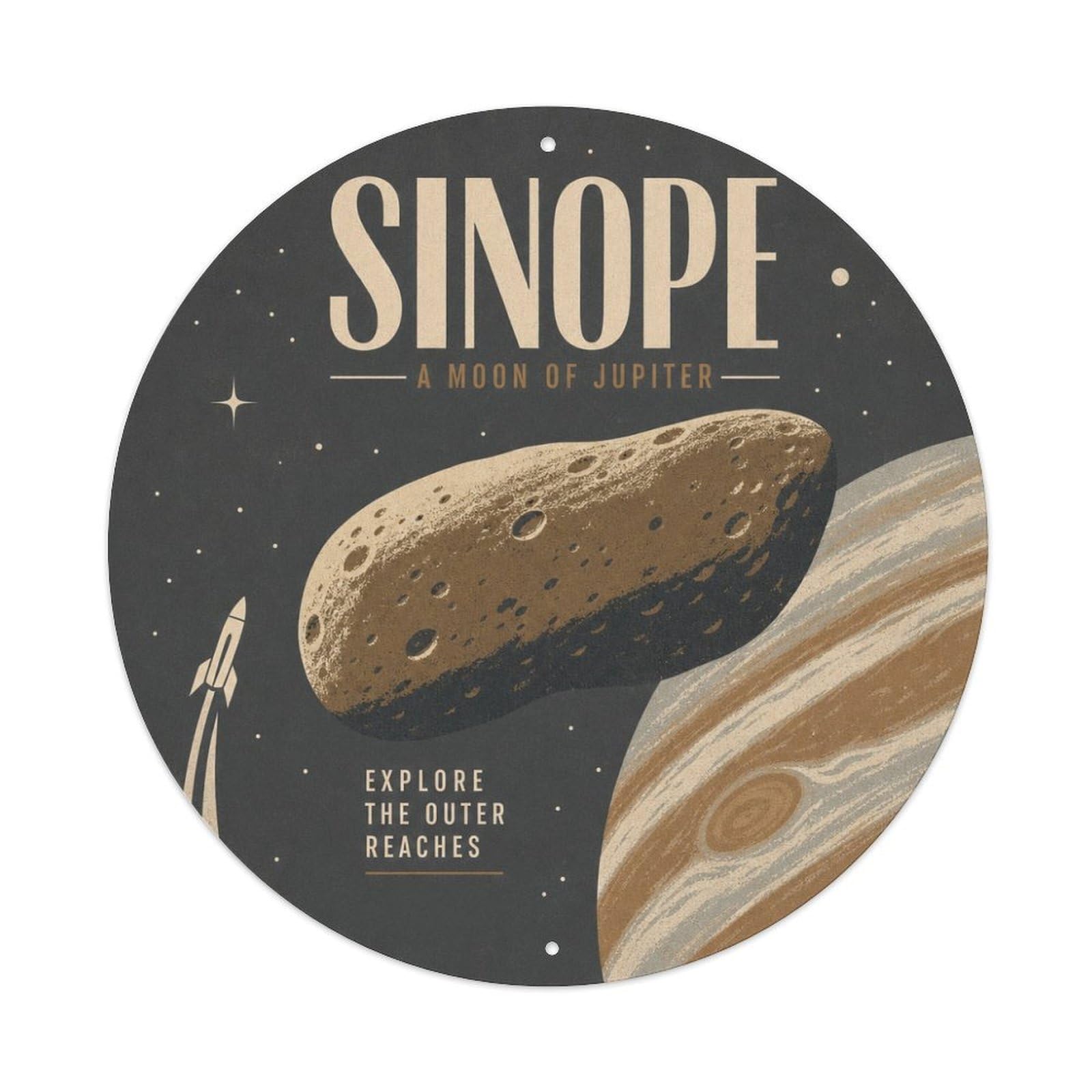 Cosmic Orbit Sinope Jupiter Moon Astral Retro Sci Fi Metal Tin Sign Plaque Wall Decor for Cafe, Man Cave, Club Bar, Office, Home Garden Round Metal Poster 8x8Inch