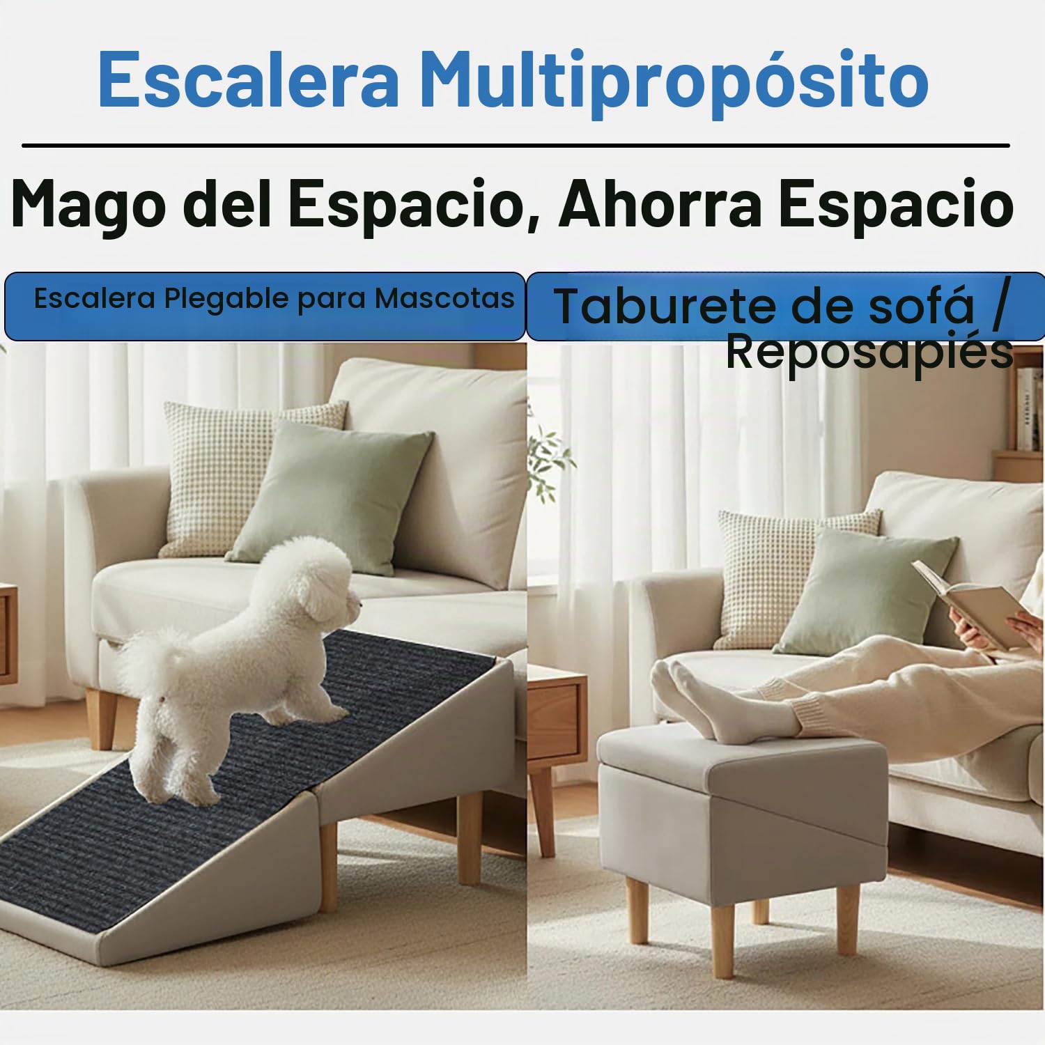 Escalera para Perros Pequeños，Escaleras De Mascotas Plegables 2 En 1 Y Otomana para El Sofá， Taburete Multifuncional para Pequeños y Gatos,Rampa para Perros y Gatos