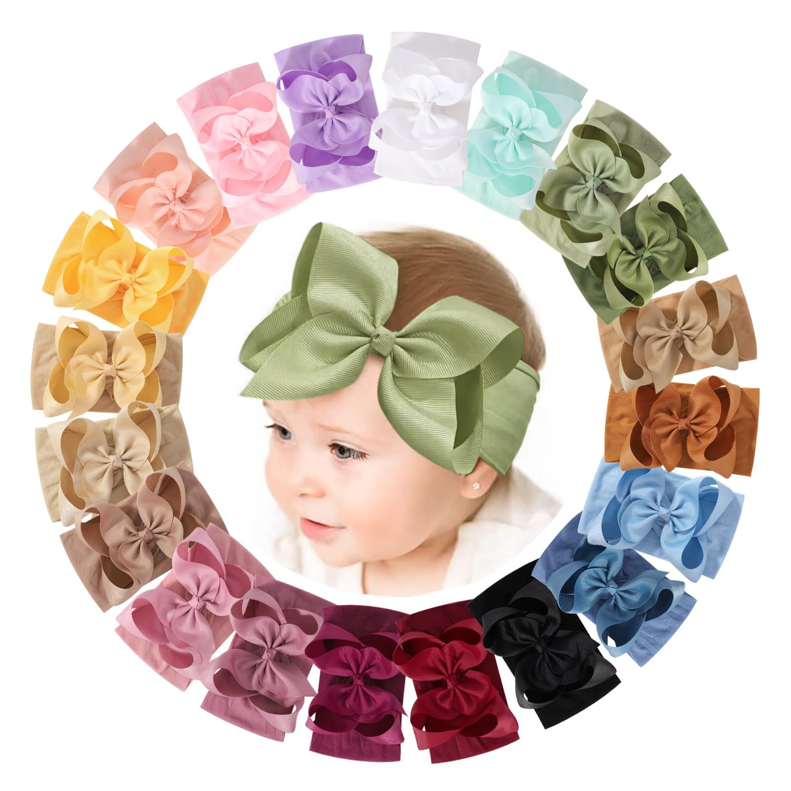 doboi 20 Stück Baby-Schleifen, Baby-Haarbänder aus Nylon, mit Schleife, handgefertigt, elastisch, für Babys, Mädchen, Neugeborene, Säuglinge, Kleinkinder und Kinder