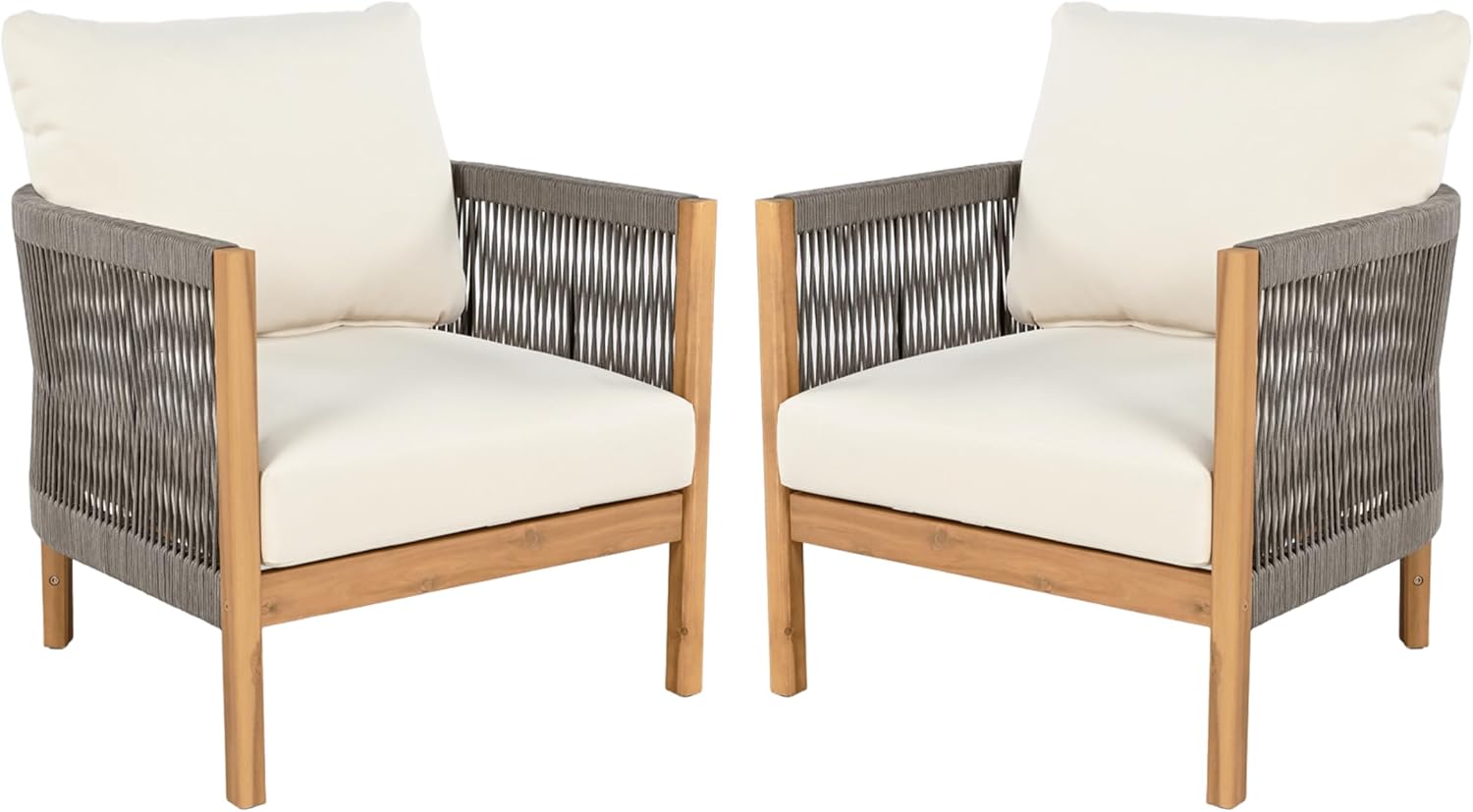 Christopher Knight Home Havets Patio Club Chairs Set of 2, Acacia Wood Accent Chair, Woven Rope Open Back Armchair, 6" Thick Cushion, Comfort Single Sofa Chair for Balcony Backyard Garden, Gray+Beige