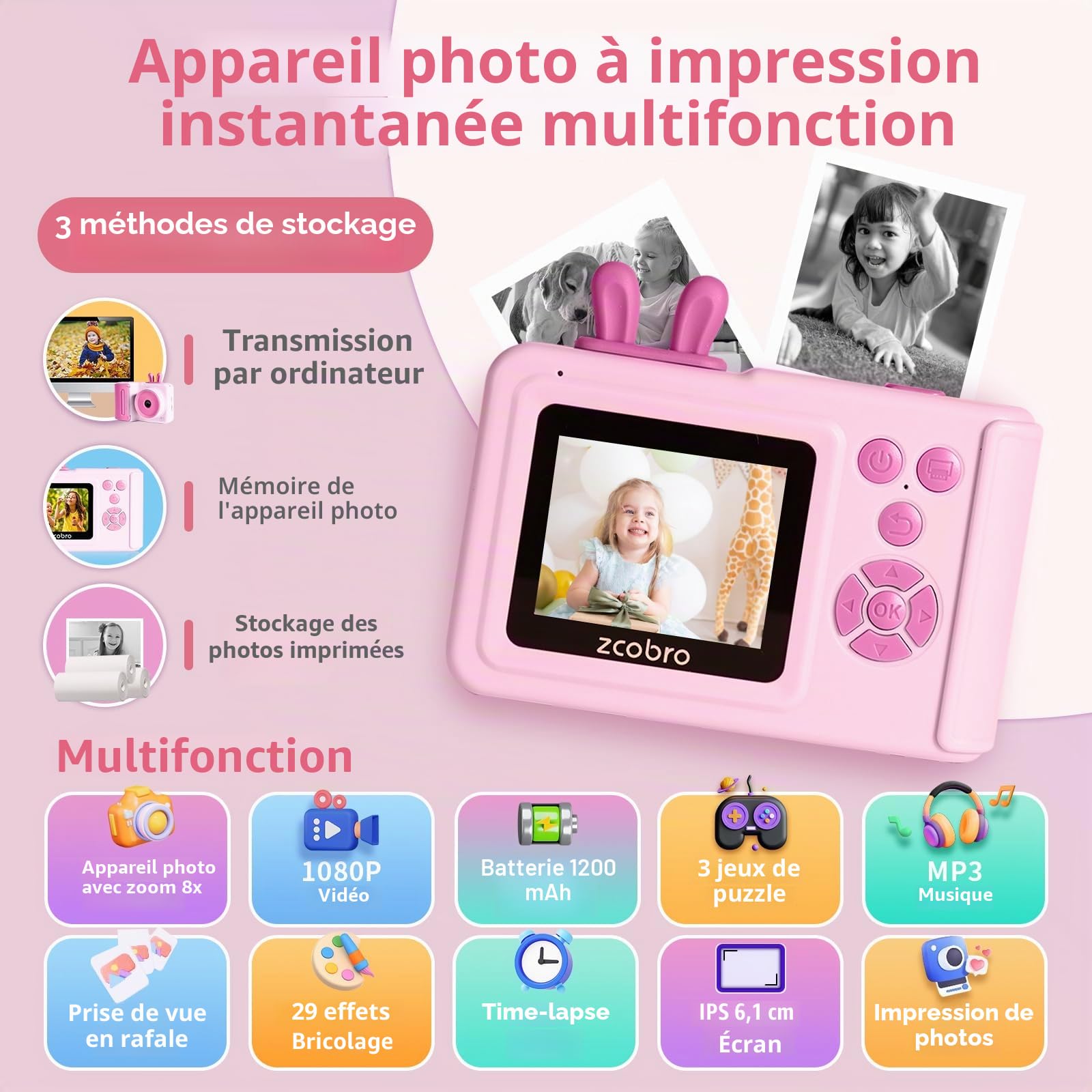 Appareil Photo Enfant Instantané Lapin, 2.4" 1080P Appareil Photo Numérique pour Enfant, Eouet Enfant Et Cadeau Fille 3 4 5 6 7 8 9 10 11 12 Ans, Noël Anniversaire Jouets pour Enfants (Rose)