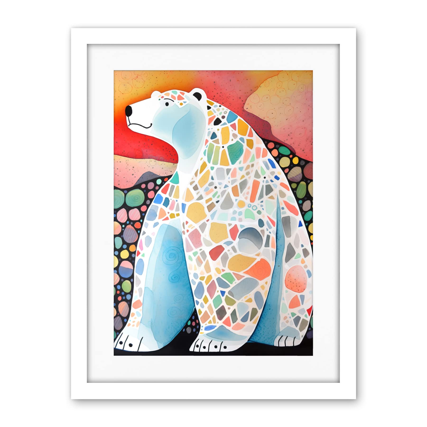 Artery8 Polar Bear With Mosaic Pattern Folk Art Artwork Framed Wall Art Print 18X24 Inch
