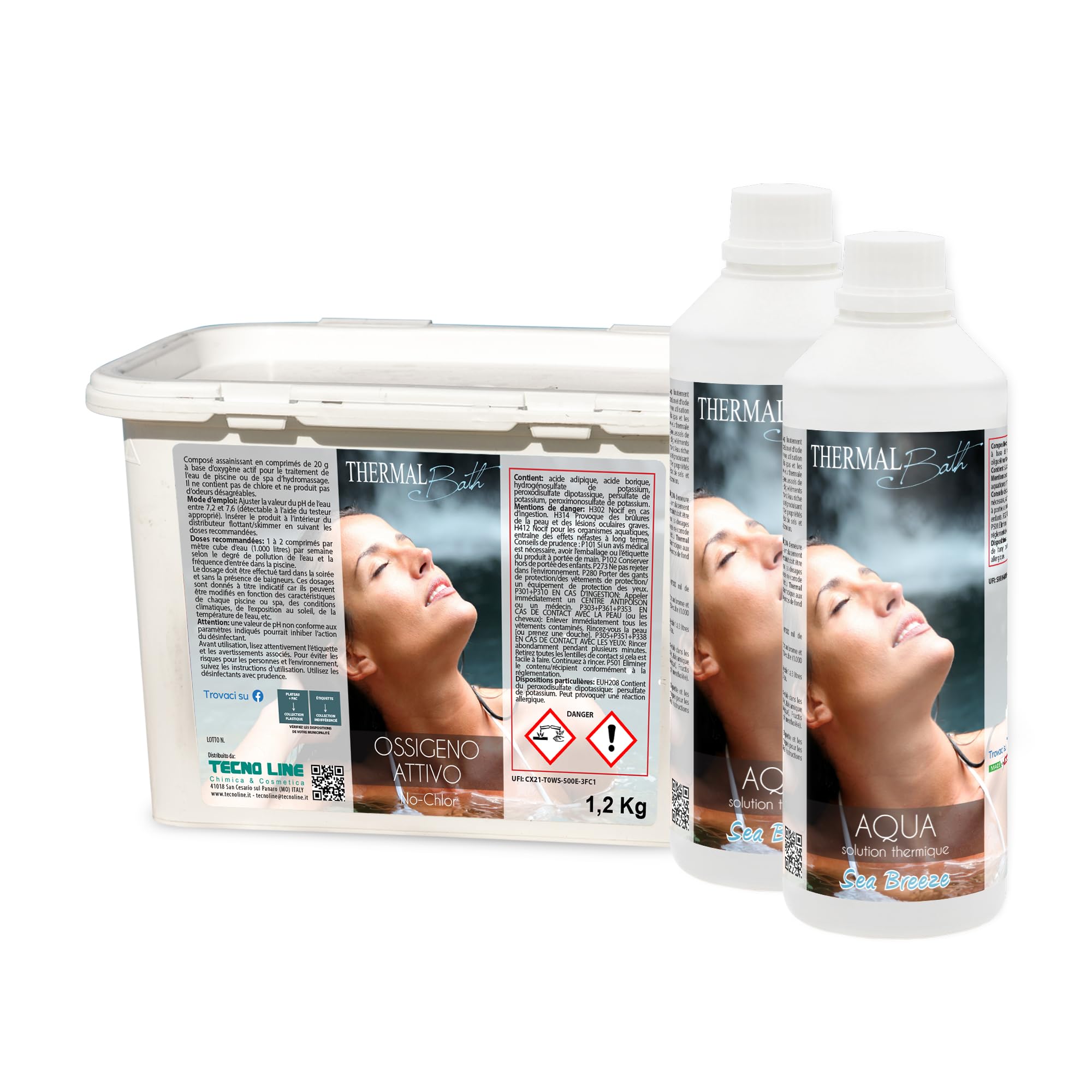 Thermal Bath SET Ossigeno Attivo past 20gr 1,2 KG + 2pz Aqua Sea Breeze 1Lt | Ossigeno Attivo in Pastiglie da 20gr e Acqua Termale con Sali Minerali, aroma Brezza Marina, per Piscina e Spa Idromassaggio
