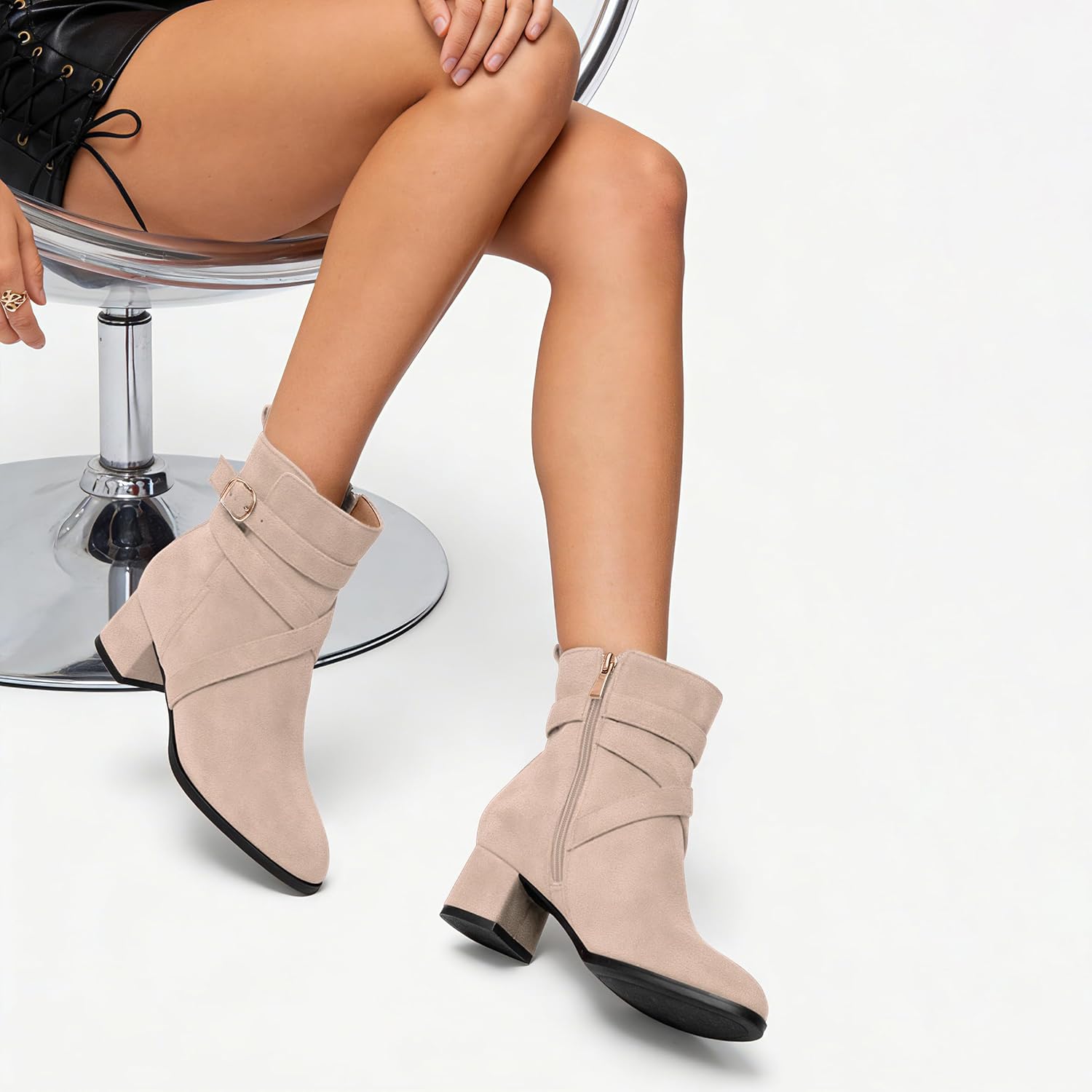 NUMALEO Womens Fashion Casual Ankle High Buckle Comfort Heeled Solid Round Toe Ankle Adjustable Strap Synthetic Ankle Boot