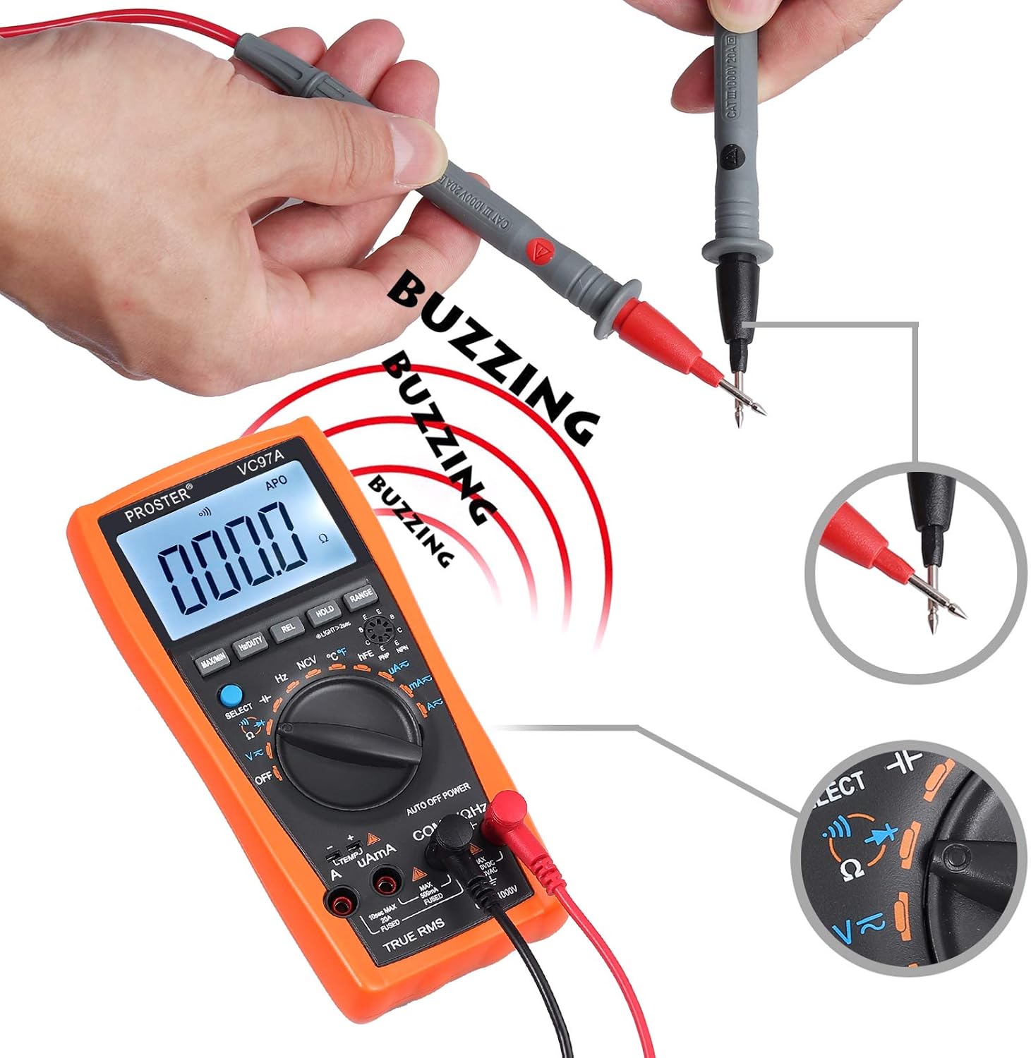 Proster PST97 VC97 Digital Multimeter performing a continuity test