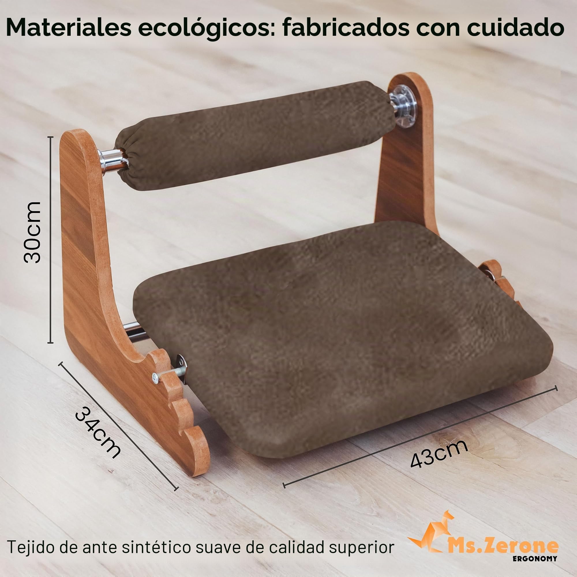 Reposapiés ergonómico de madera, 3 alturas ajustables (6/8/10 cm) - Soporte de tobillo de gamuza suave - Base basculante antideslizante - Comodidad para teletrabajo y oficina