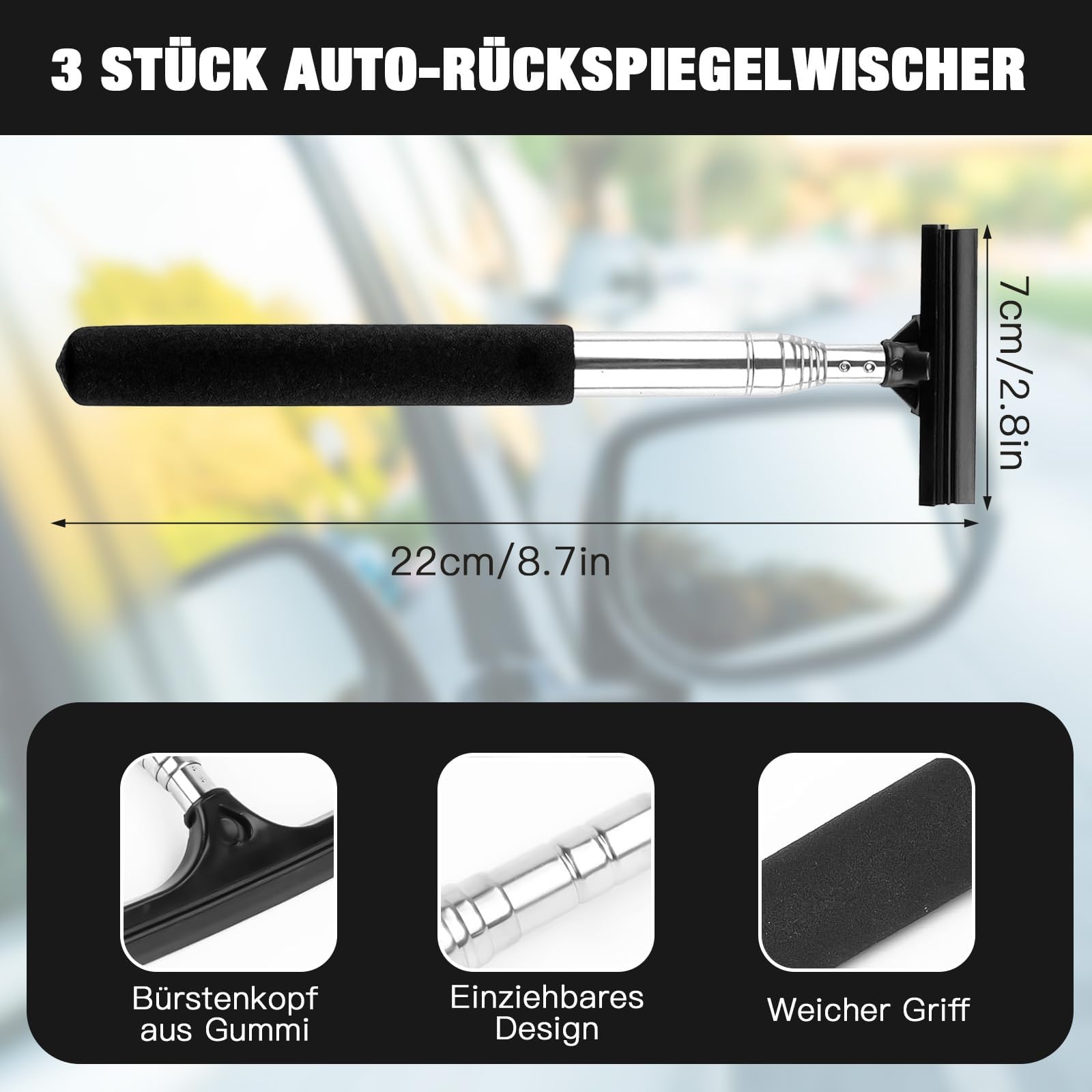 Side Mirror Squeegee,Retractable Car Rearview Mirror Wiper,Portable Car Mirror Squeegee for Rainy Foggy Weather,Universal Car Accessories - 3