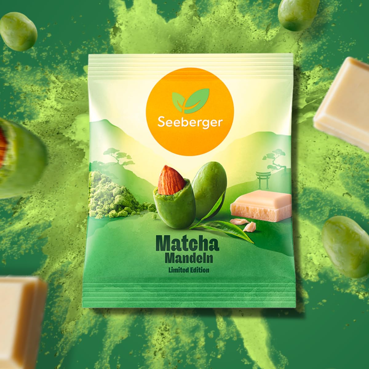 Seeberger Matcha Mandeln, Mandeln umhüllt von weißer Schokolade mit Matcha, 60 g, ideal zum Verschenken & Genießen