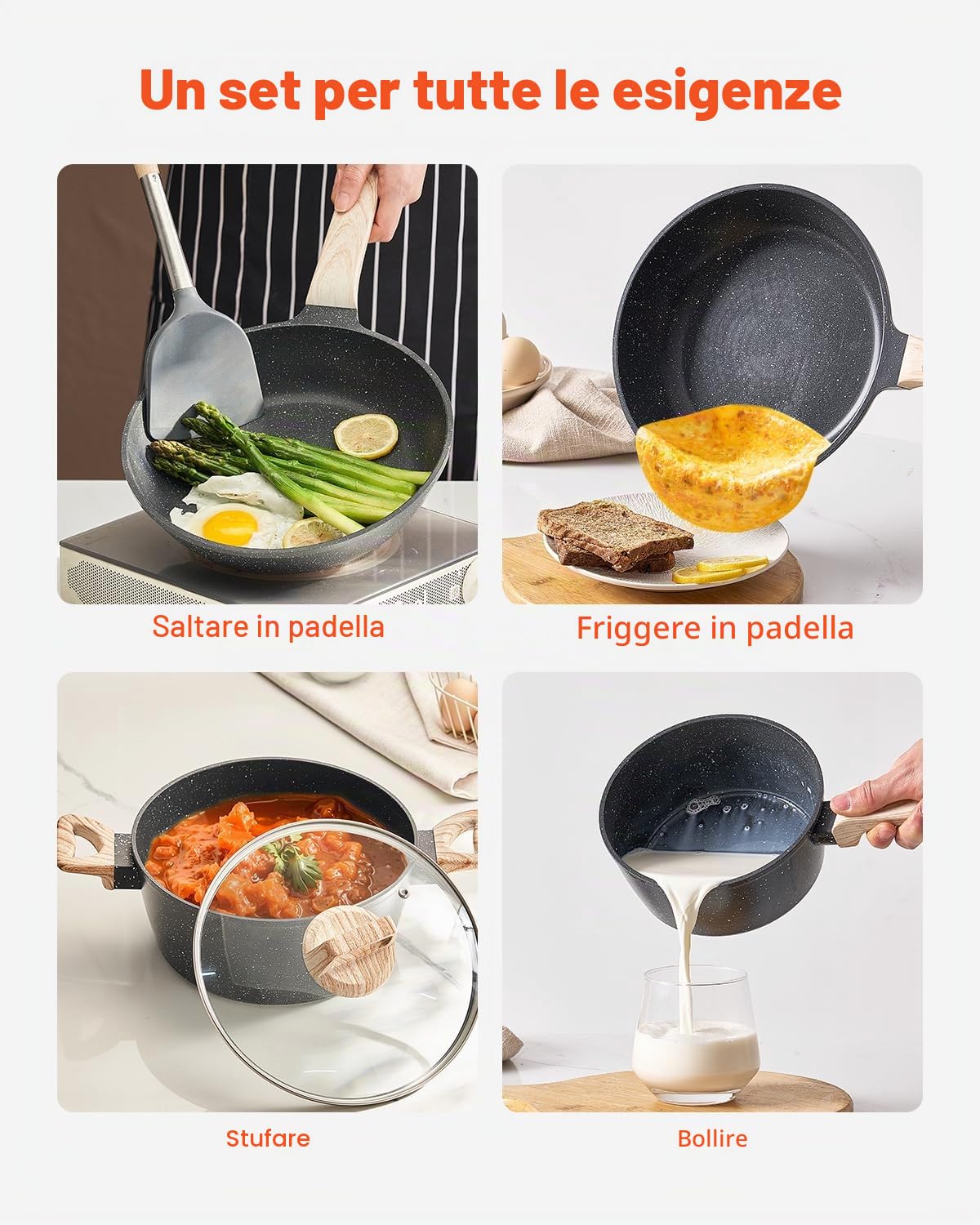 VEVOR Set di Pentole, Padelle Antiaderenti in Granito con Manico, Set di Pentole a Induzione da Cucina per Camper, con Frittura, Coperchi in Vetro Temperato, Nero 17 Pezzi