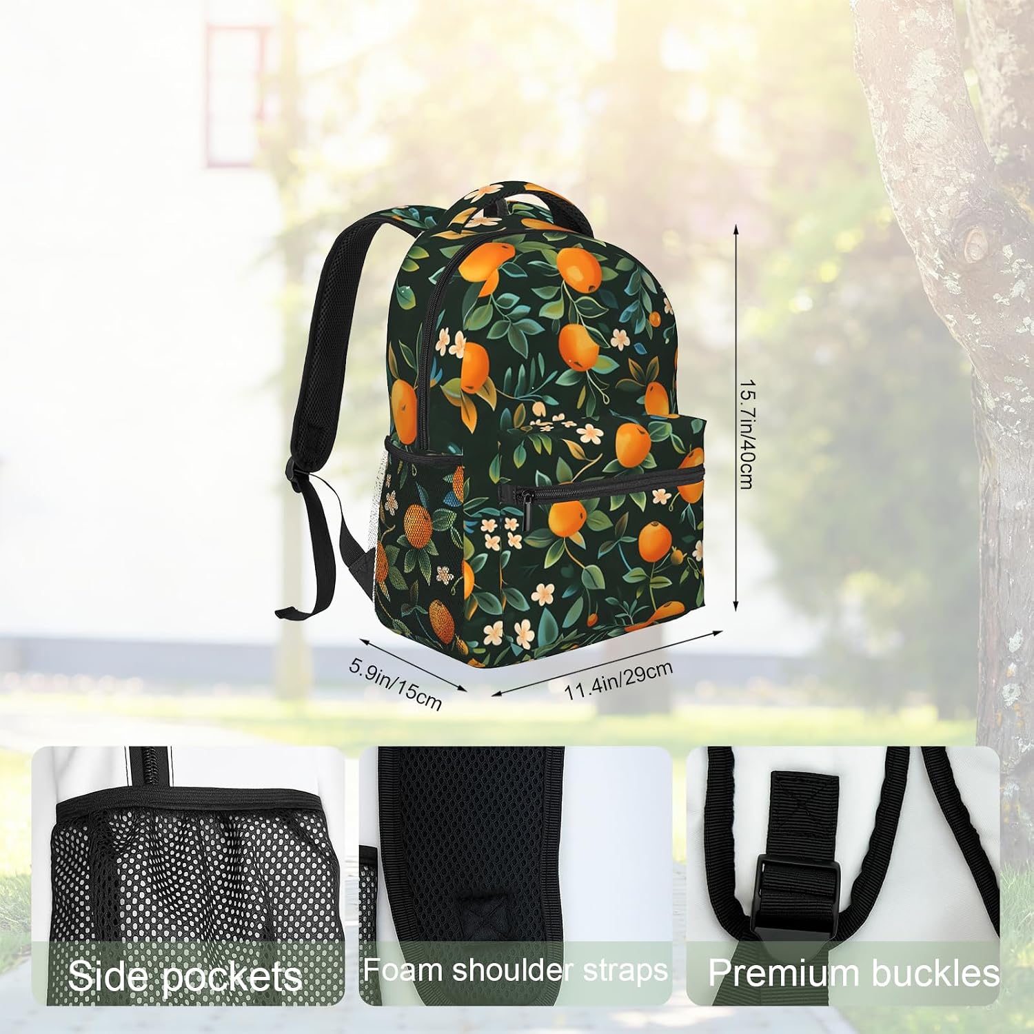 Funny Orange Floral Backpack, Polyester Backpacks with Straps, 11.4inx5.9inx15.7in, Multi-Pocket Storage Bookbag, Ideal For School Travel Work Hiking Camping, Girls Boys Women Gifts