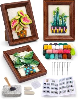 OEHPICC Needle Felting Kits for Beginners Adult, Wool Felting Kit with Frame & Tools, Needle Felt Painting Kit Includes Felting Needles, Fabric Sheet, Instructions (3 Potted Plants)