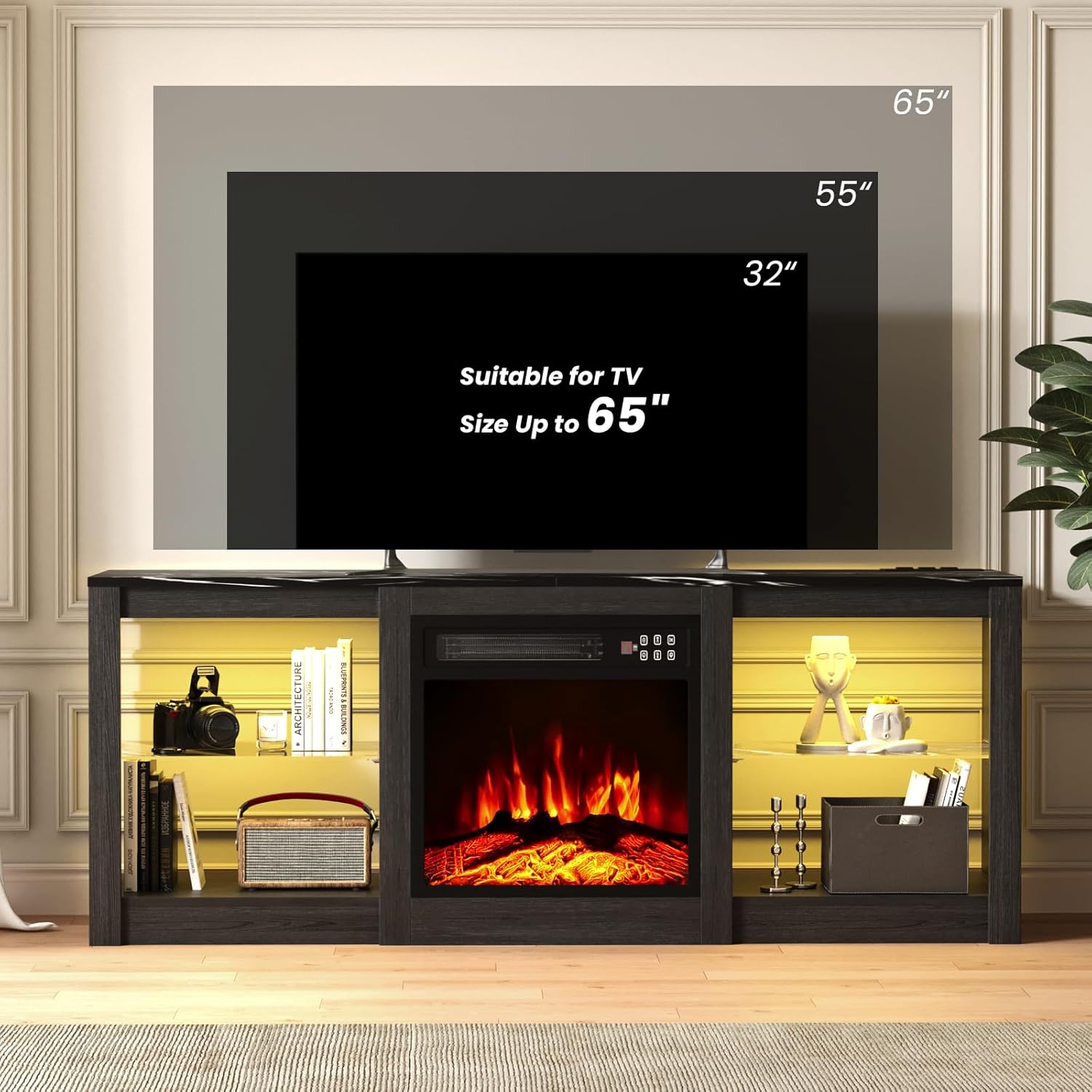 EAG 58 inch Electric Fireplace TV Stand for 65'' TV, Entertainment Center with 18'' Fireplace, Media TV Console with Adjustable Glass Shelves and Led Light, Black