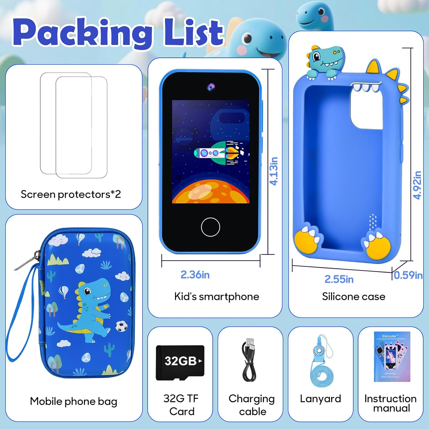 Kids Phone for Boy, Dinosaur Phone Toys for 3-10 Year Old Boys, Kids Mobile Phone Toy with Dual Cameras, 2.8 Inch Touchscreen, Music Player, Games with 32 GB Card, EVA Storage Box (Blue)