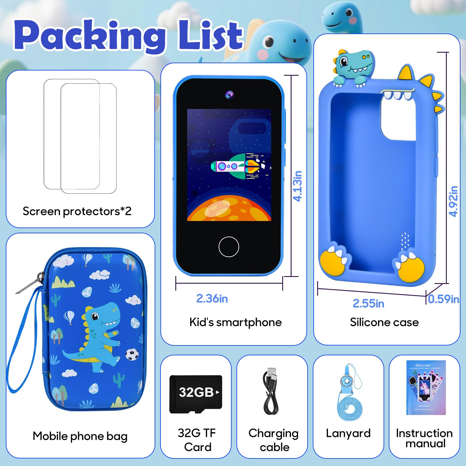 Telephone Portable pour Enfants, Smartphone Portable 3-10 Ans,Téléphone Dinosaur, Smartphone avec Musique Alarme Caméra, Cadeau de Noël pour Enfant (Bleu)