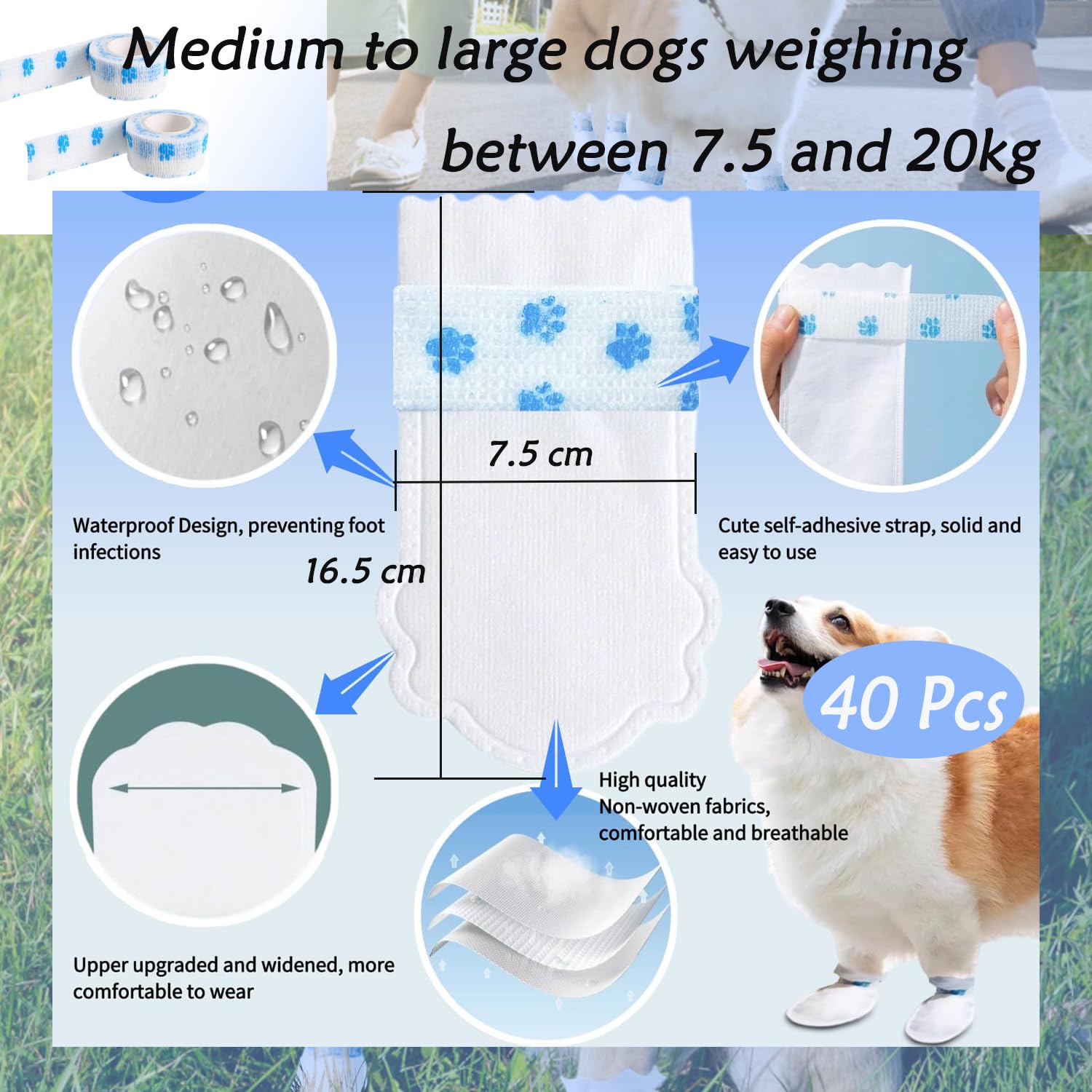 40Pcs Disposable Dog Booties with 2Roll Dog Paw Bandage for Paw Protection pet Feet Covers Pet Shoes Wound Recovery Protectors