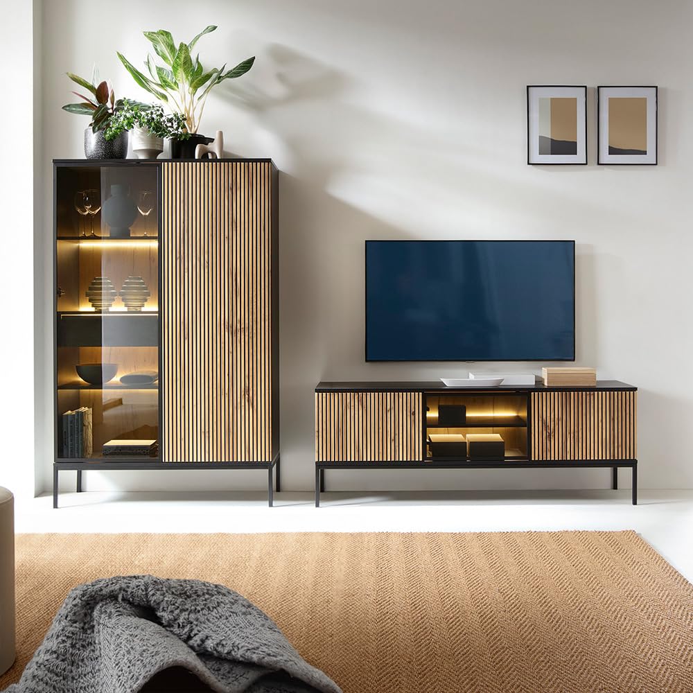 Lomadox Wohnzimmer Esszimmer Anrichte Highboard mit Beleuchtung in schwarz mit Wotan Eiche