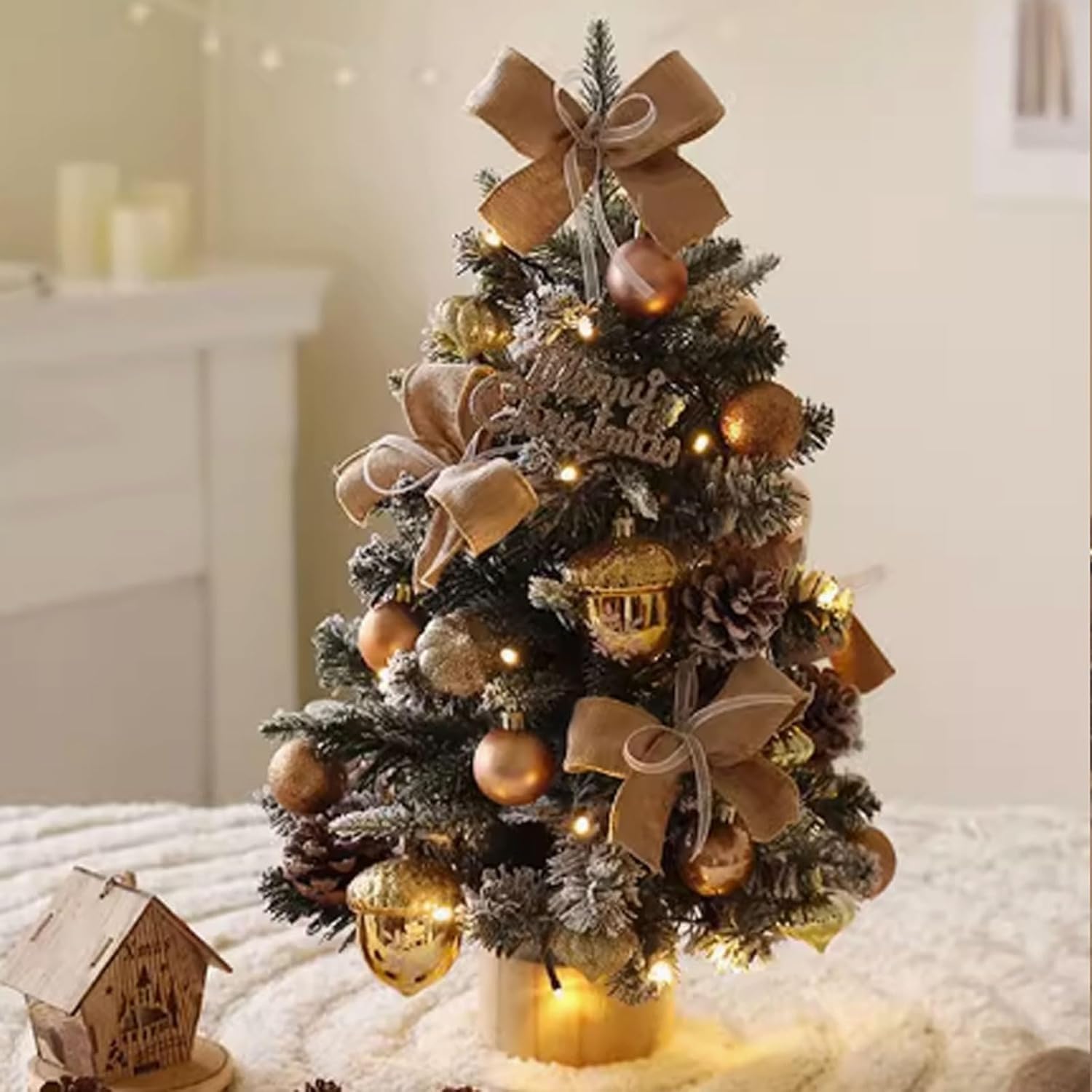 Mini choinka na stół 45/60/90 cm ze światełkami, mała, dekorowana choinka na biurko do biura, sypialni, kuchni, sztuczne rośliny (60 cm)