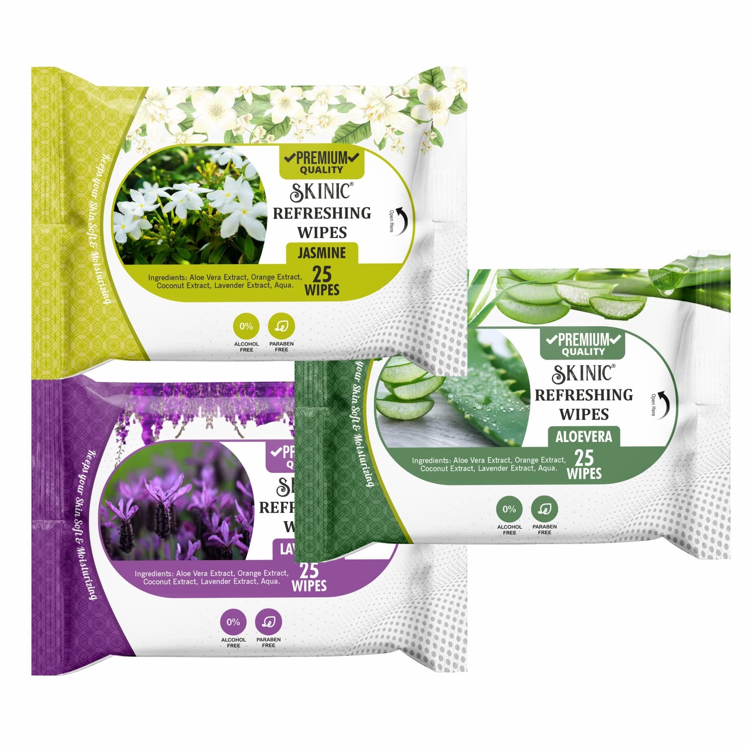 Skinic 100% Herbal Refreshing Facial Wipes (JASMINE-ALOEVERA-LAVENDER) | Alcohol Free | Chemical Free (25 Pulls) PACK OF 3