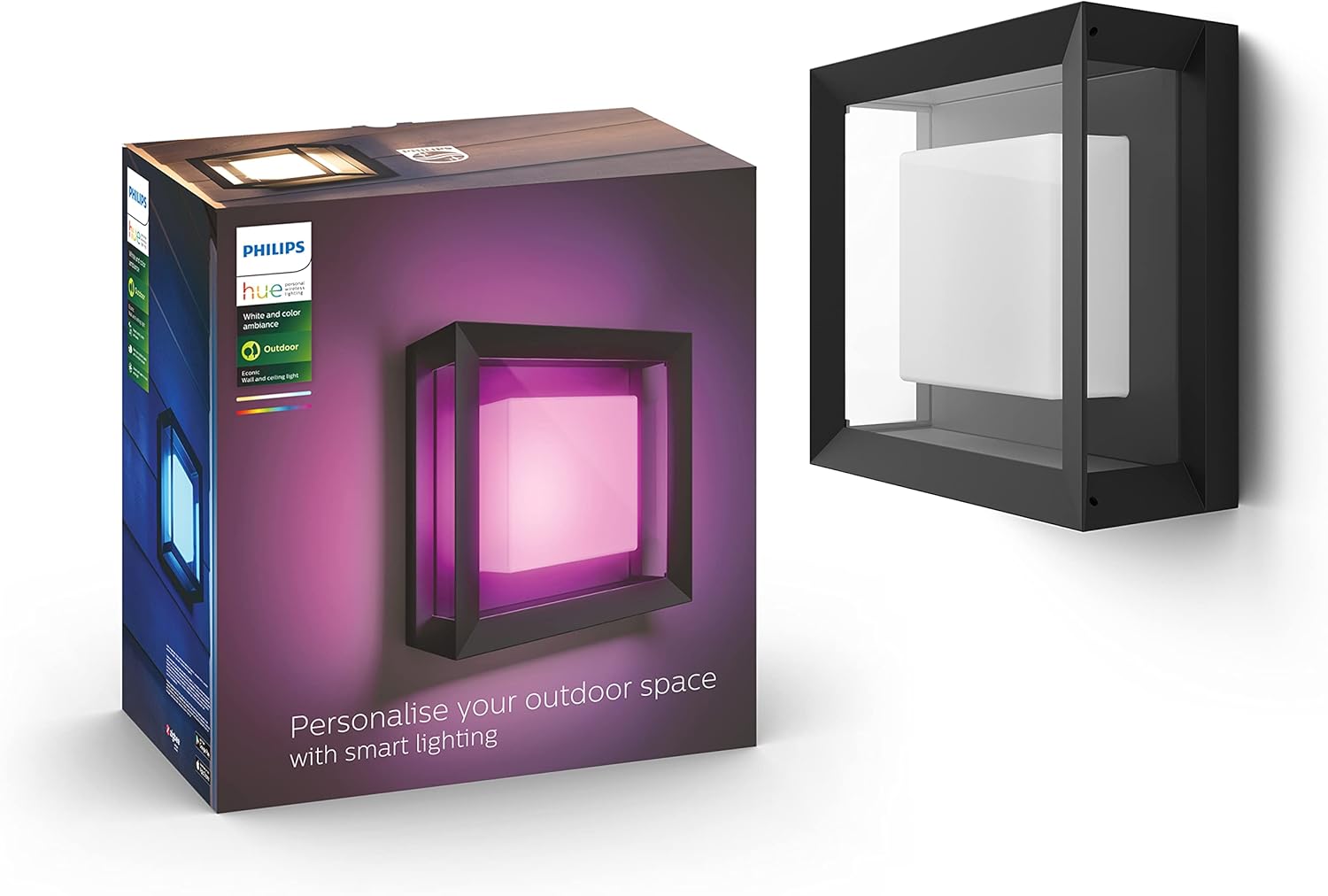 Philips Hue Econic Outdoor Wall Light, square design, emitting a pink light.