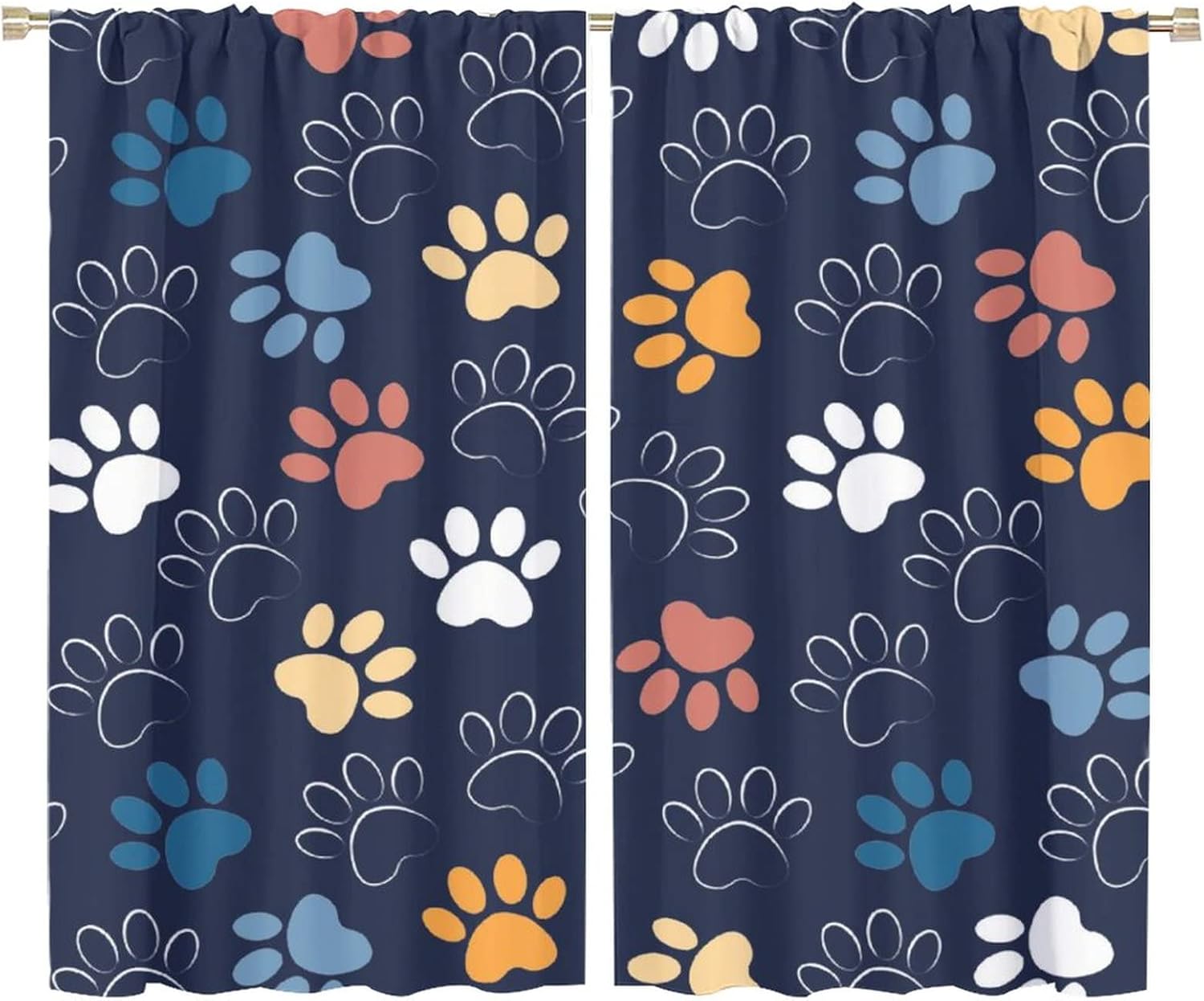 Cartoon Dog Paw Print and Bones Curtains Colorful Cute Dogs Cat Theme AnimalWindow